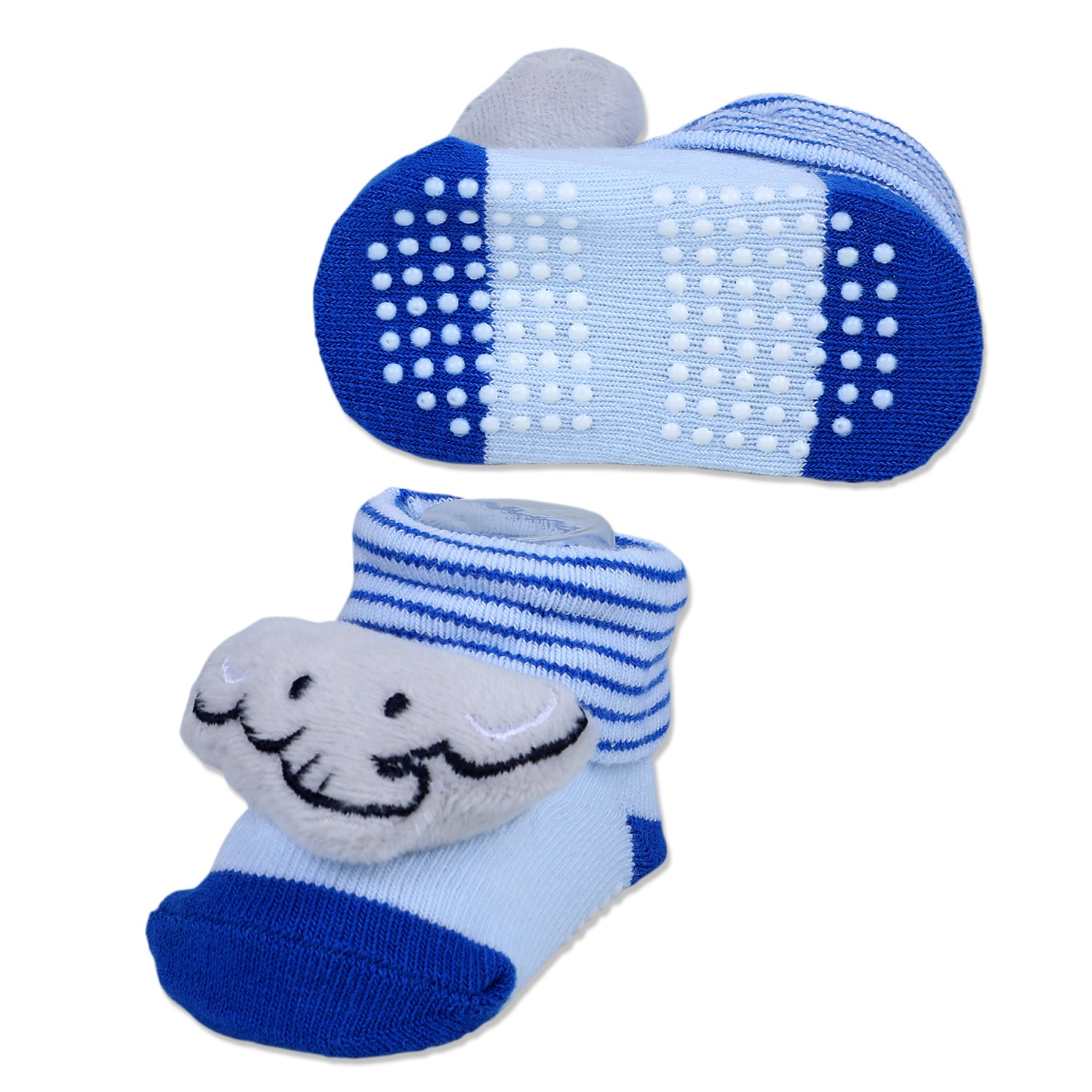 Baby Moo Elephant With Stripes Cotton Anti-Skid 3D Socks - Blue - Baby Moo
