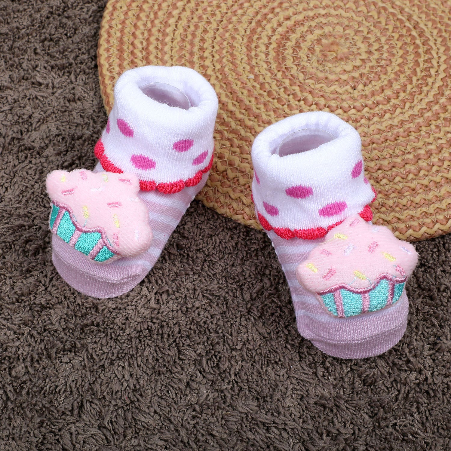 Baby Moo Sweet Cupcake Polka Cotton Anti-Skid 3D Socks - Pink