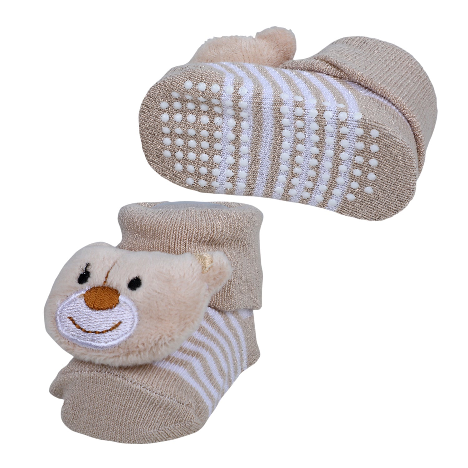 Baby Moo Happy Bear Cotton Anti-Skid 3D Socks - Beige - Baby Moo