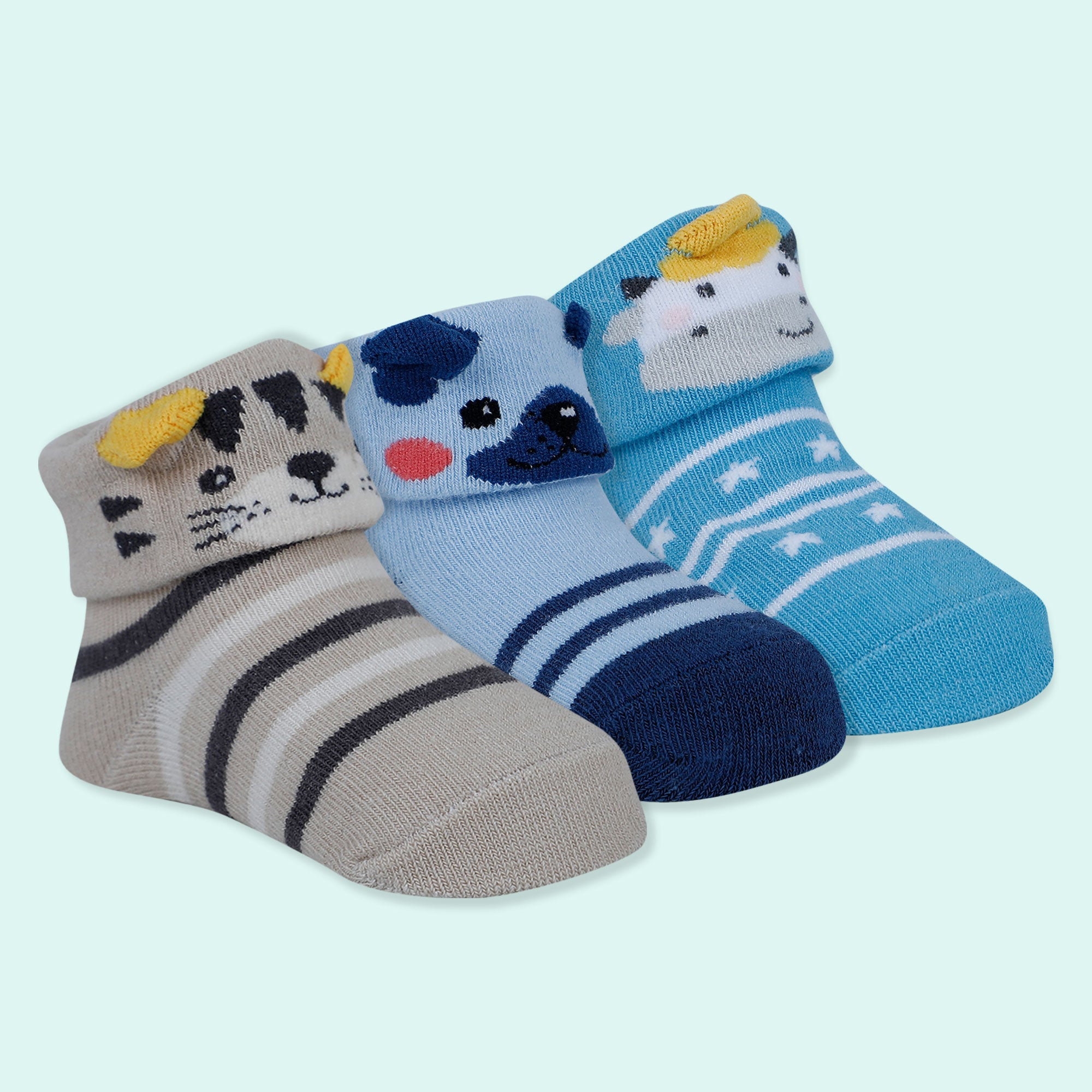 Baby Moo Tiger Puppy 3D Rattle Anti-Skid Socks Booties Pack of 3 - Blue, Beige