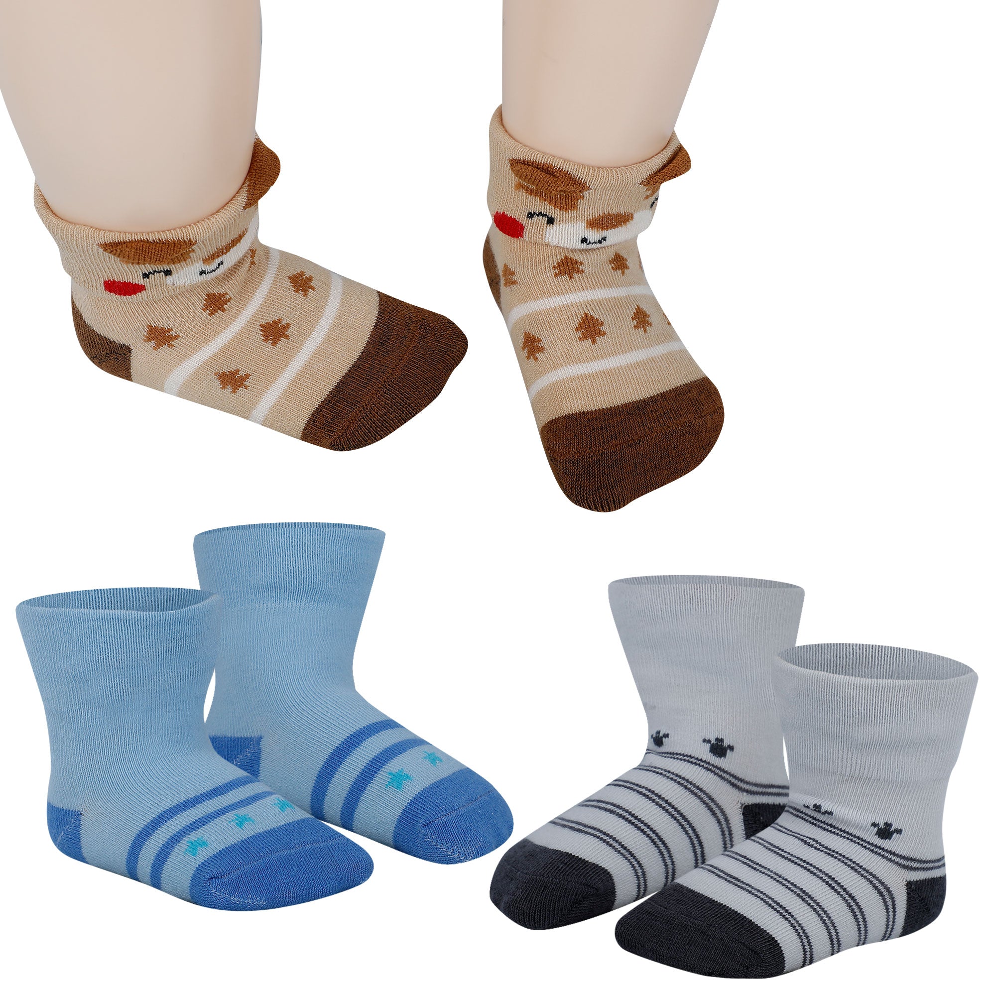 Baby Moo Puppy 3D Anti-Skid Socks Booties Pack of 3 - Brown