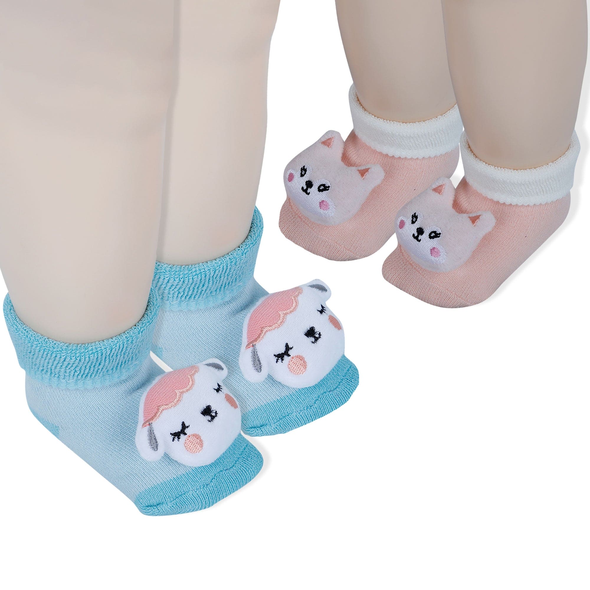 Baby Moo Kitty And Cow 3D Rattle Anti-Skid Socks Booties Pack of 2 - Peach, Green