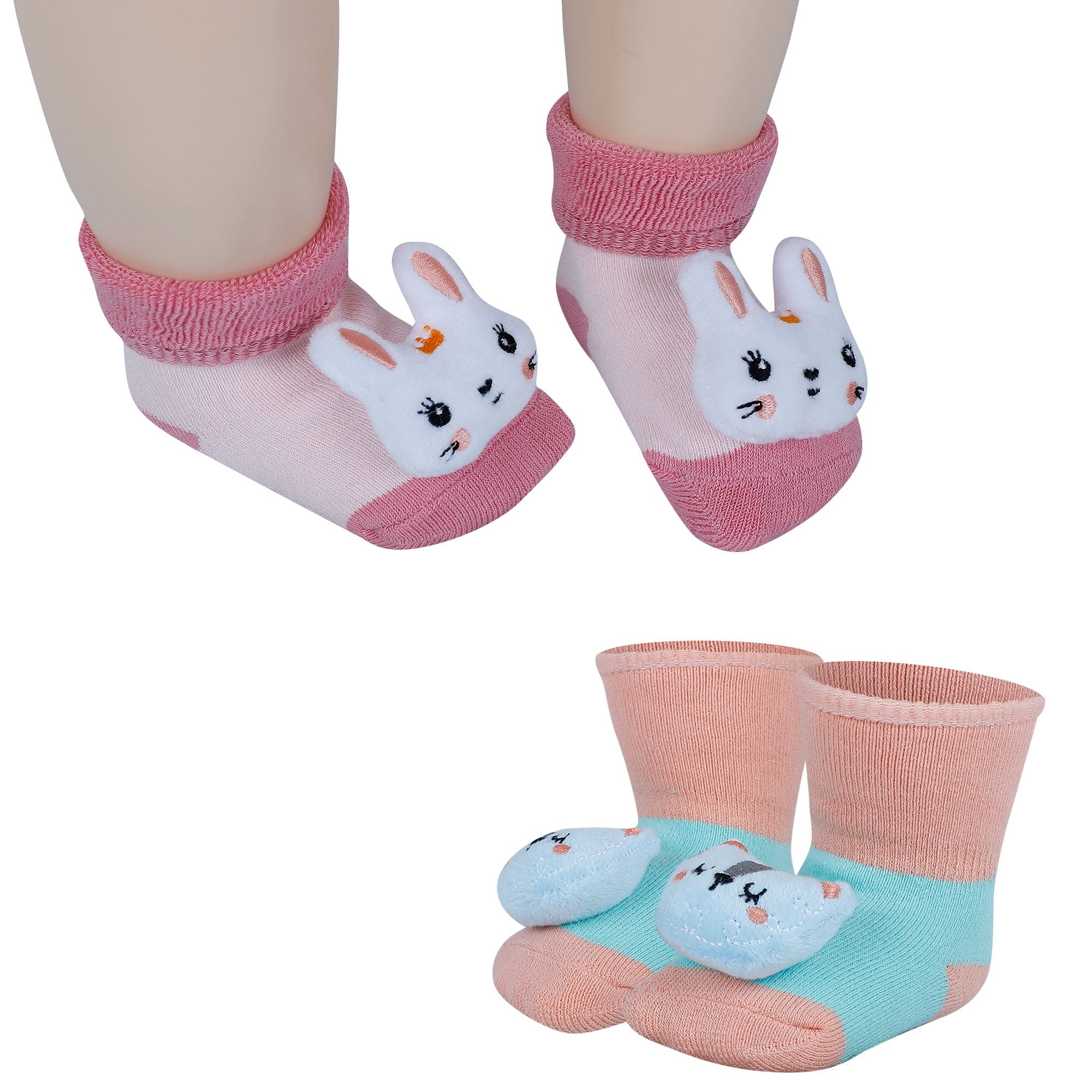 Baby Moo Kitty And Rabbit 3D Rattle Anti-Skid Socks Booties Pack of 2 - Orange, Pink