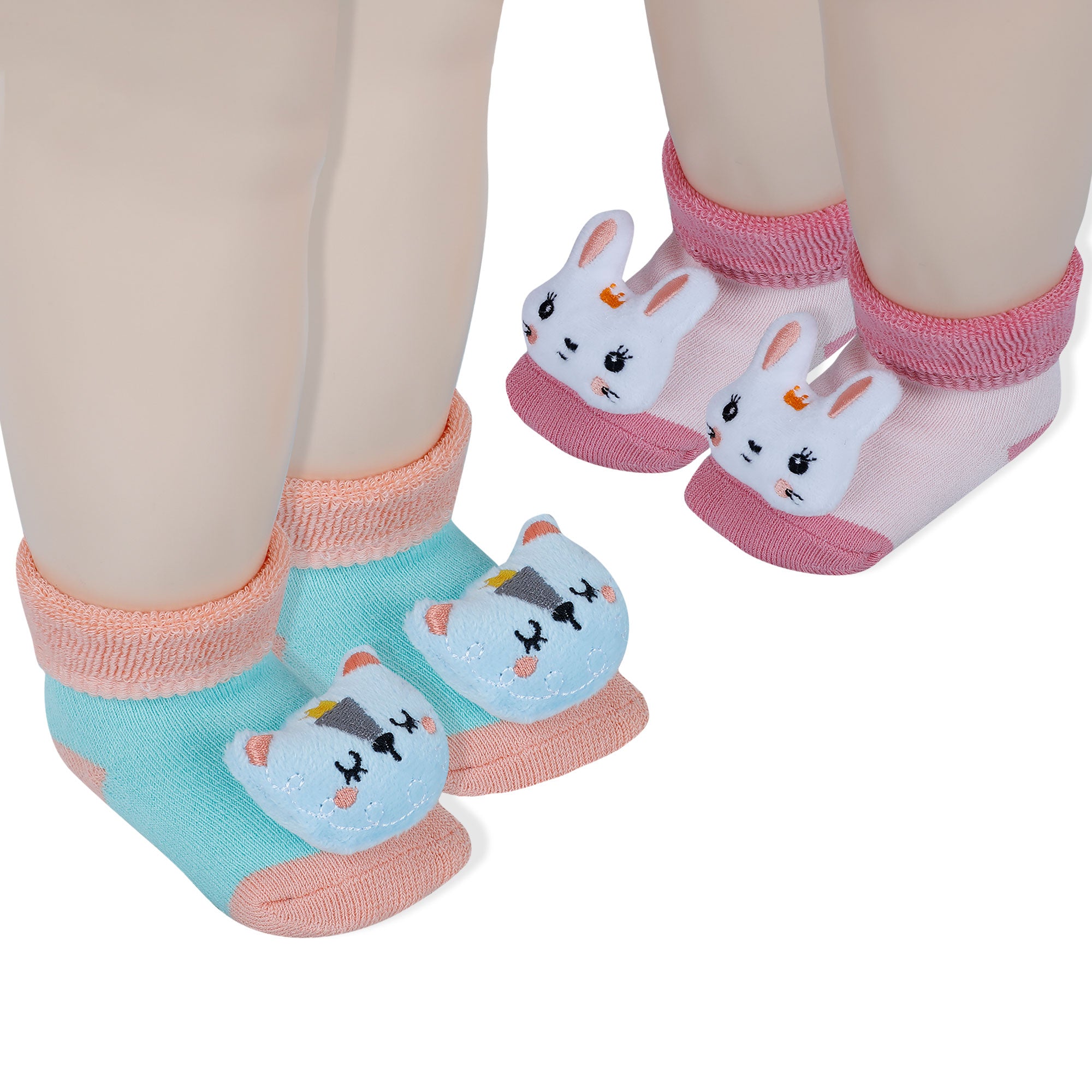 Baby Moo Kitty And Rabbit 3D Rattle Anti-Skid Socks Booties Pack of 2 - Orange, Pink