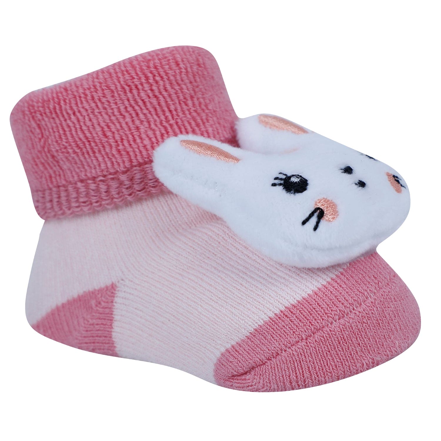 Baby Moo Kitty And Rabbit 3D Rattle Anti-Skid Socks Booties Pack of 2 - Orange, Pink