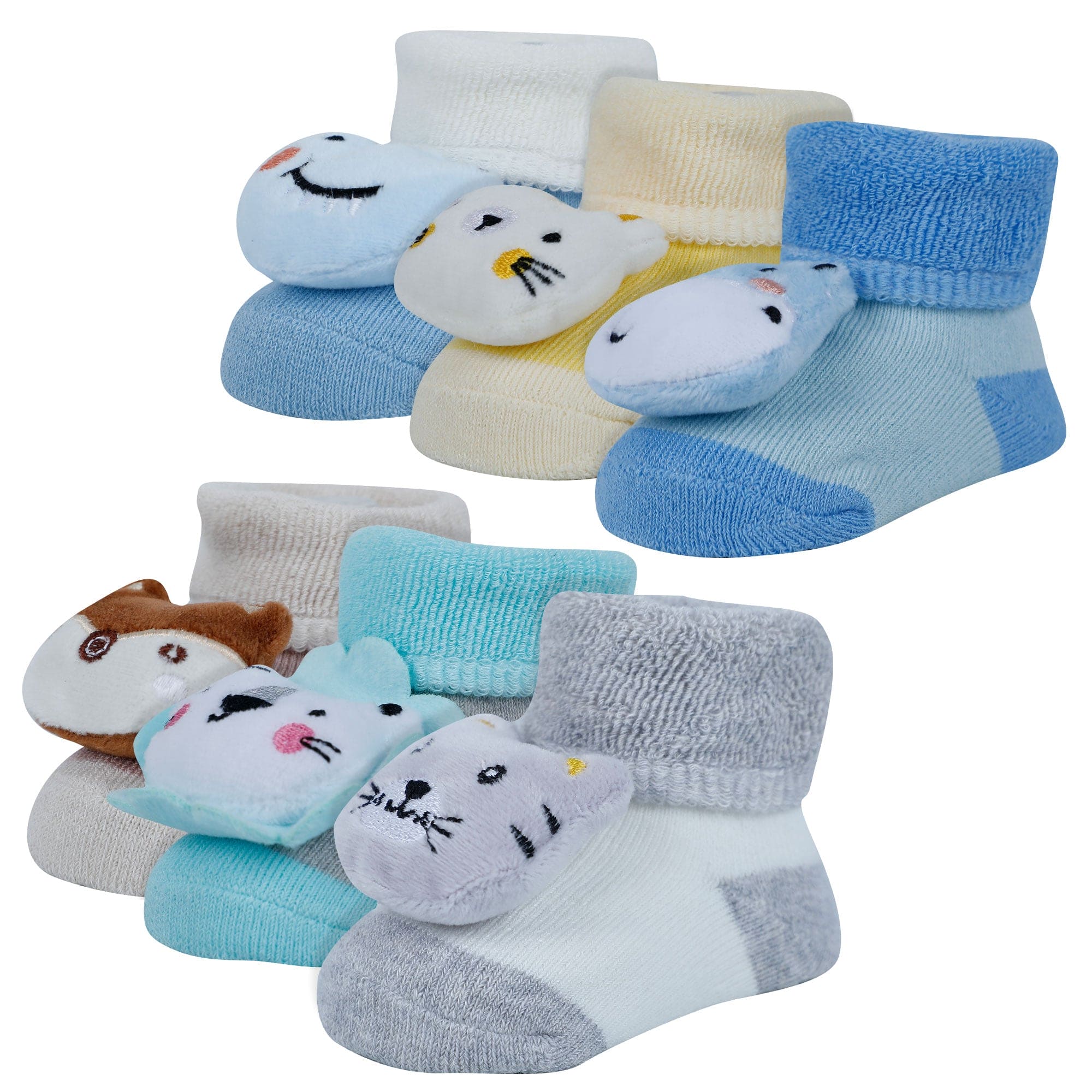 Baby Moo Bear 3D Rattle Anti-Skid Socks Booties Pack of 6 - Blue