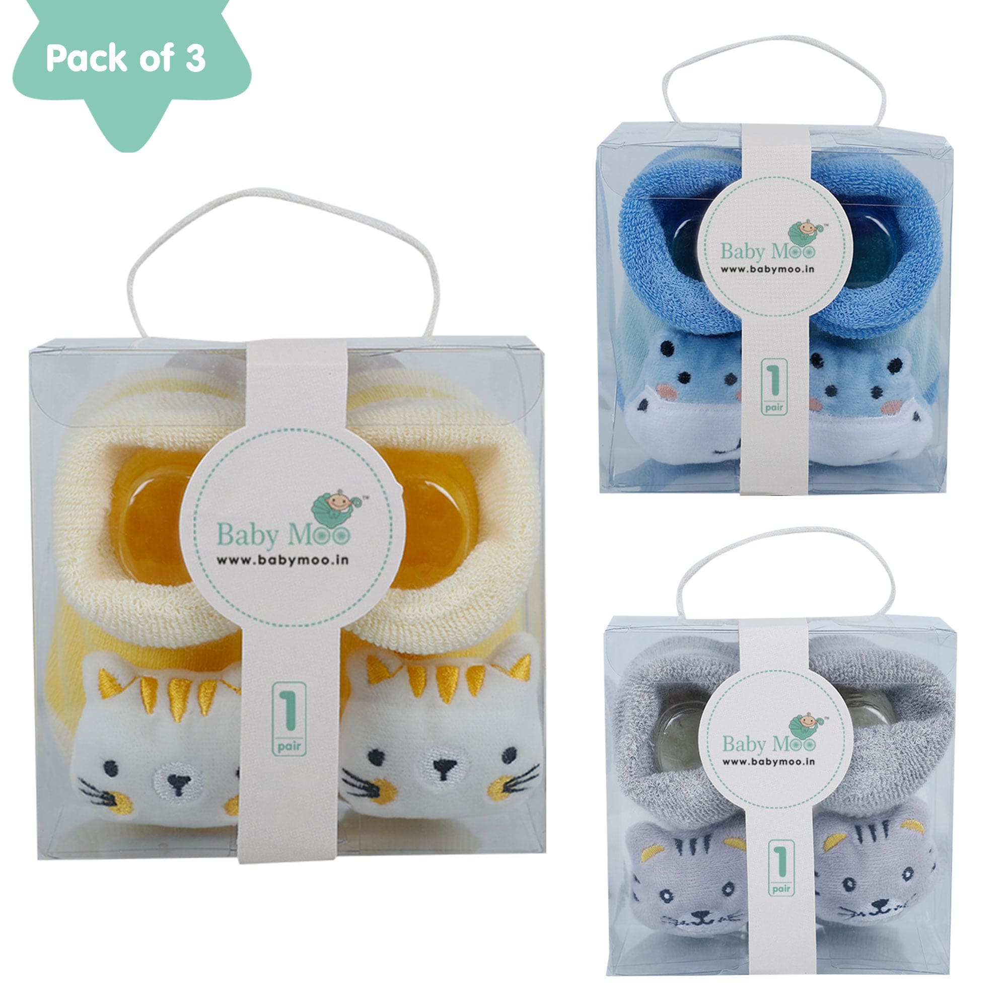 Baby Moo Kitty Hippo Lion 3D Rattle Anti-Skid Socks Booties Pack of 3 - Yellow, Grey