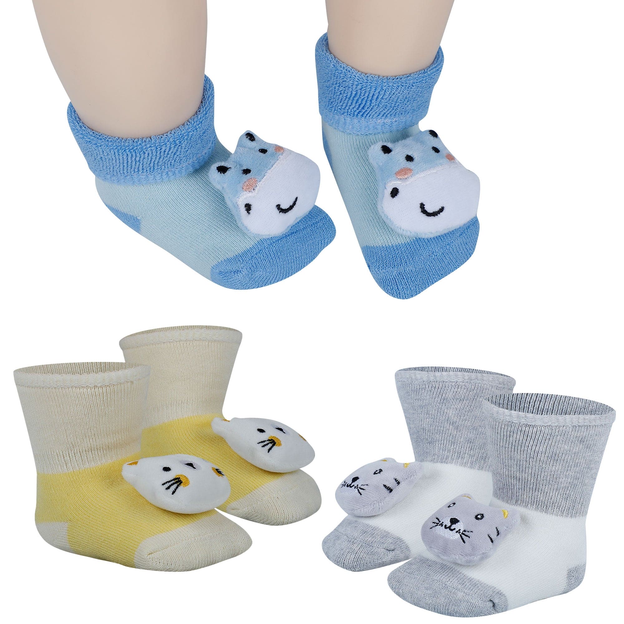 Baby Moo Kitty Hippo Lion 3D Rattle Anti-Skid Socks Booties Pack of 3 - Yellow, Grey