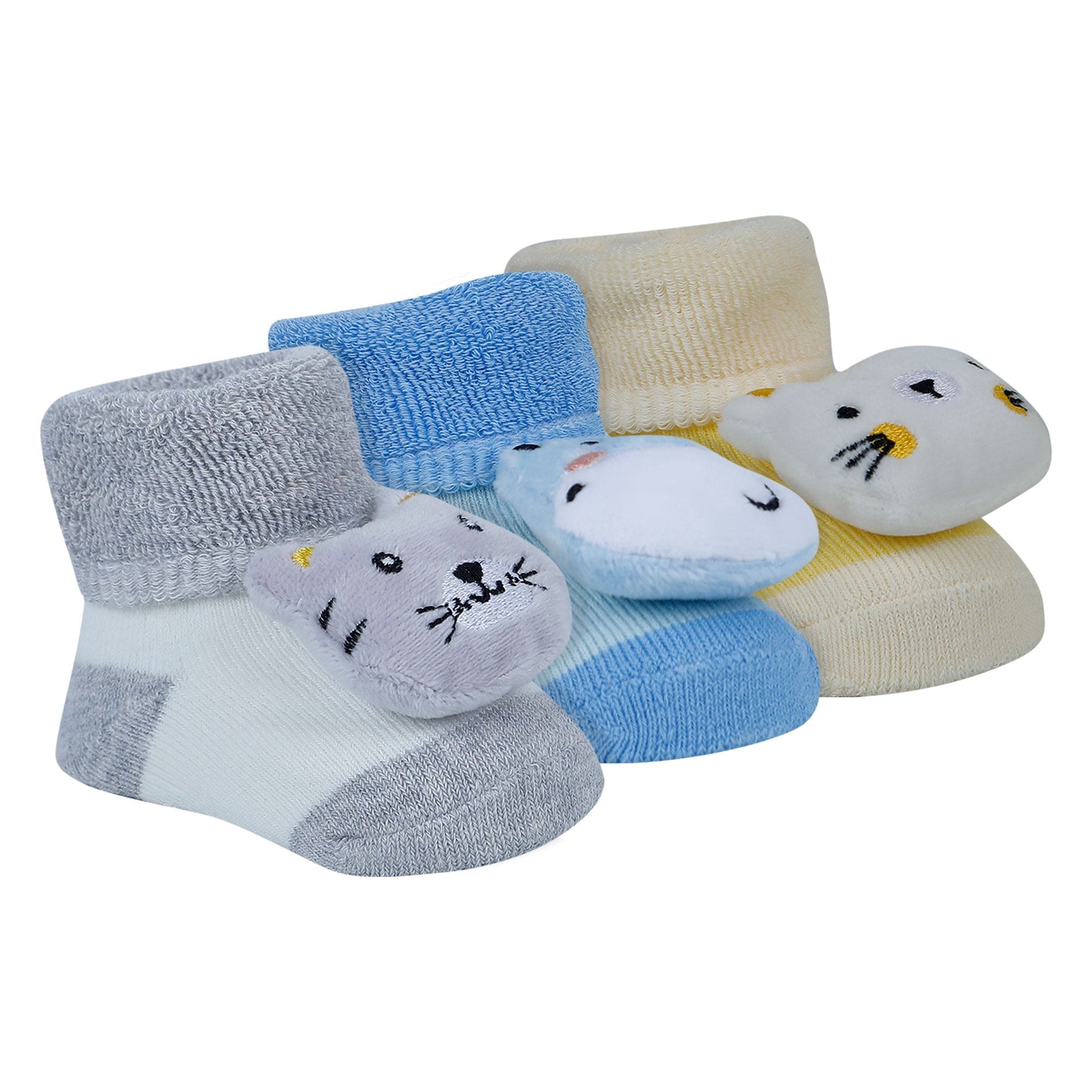 Baby Moo Kitty Hippo Lion 3D Rattle Anti-Skid Socks Booties Pack of 3 - Yellow, Grey