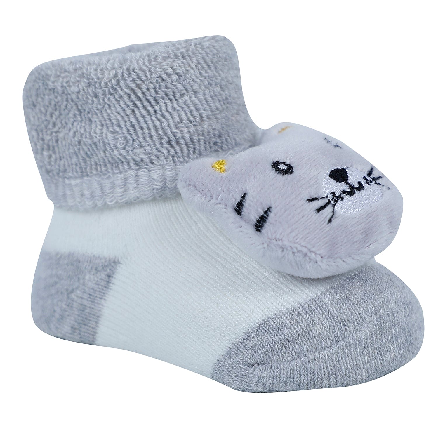 Baby Moo Kitty Hippo Lion 3D Rattle Anti-Skid Socks Booties Pack of 3 - Yellow, Grey