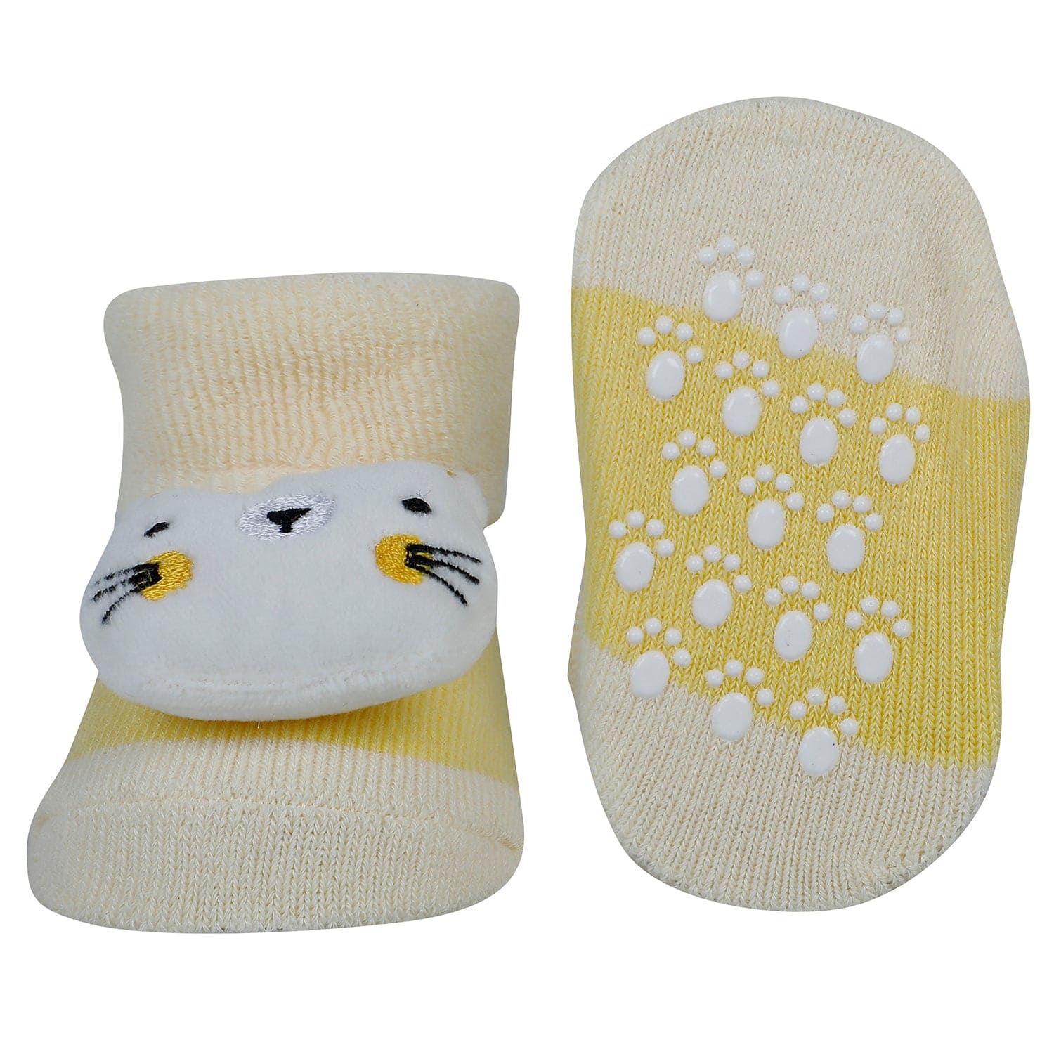 Baby Moo Kitty Hippo Lion 3D Rattle Anti-Skid Socks Booties Pack of 3 - Yellow, Grey