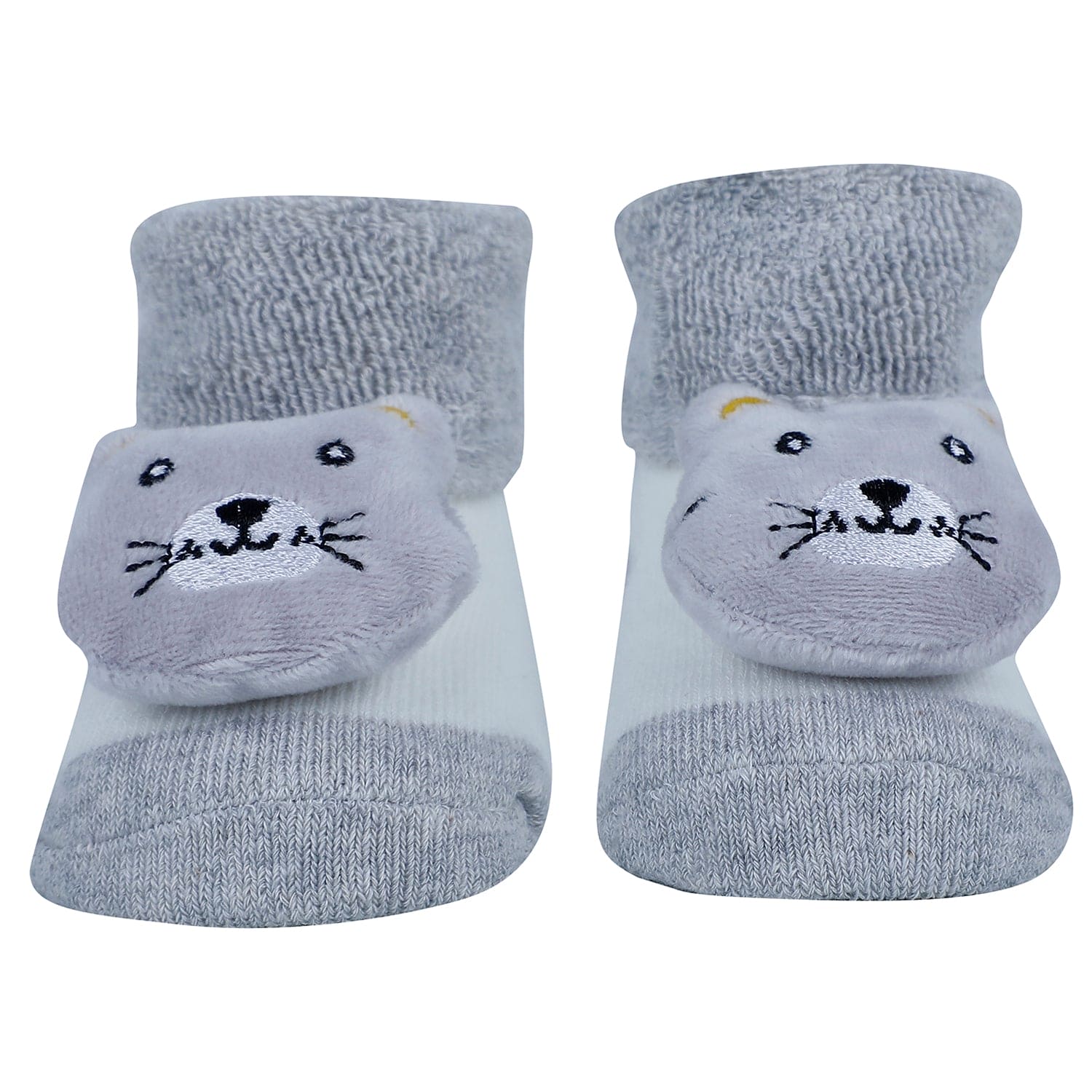 Baby Moo Kitty Hippo Lion 3D Rattle Anti-Skid Socks Booties Pack of 3 - Yellow, Grey