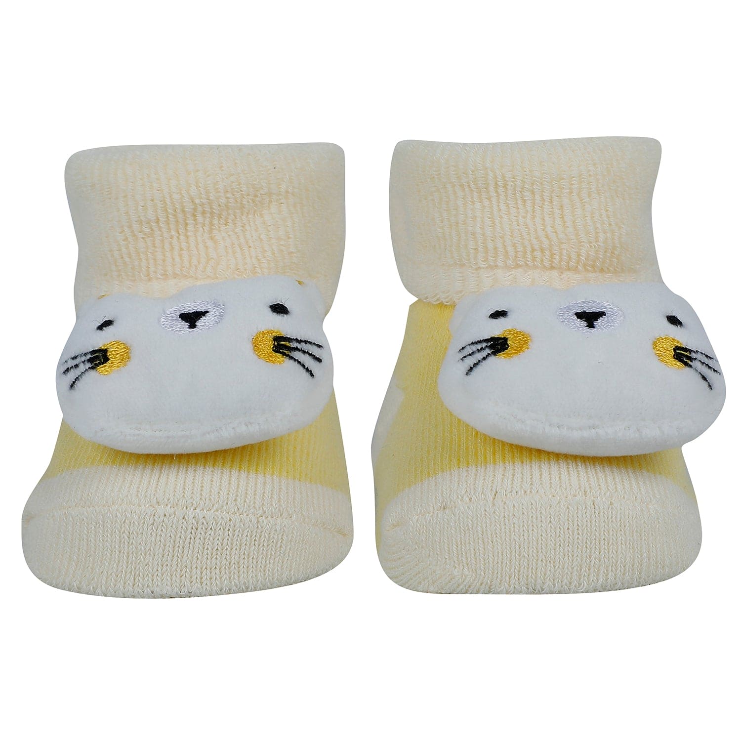 Baby Moo Kitty Hippo Lion 3D Rattle Anti-Skid Socks Booties Pack of 3 - Yellow, Grey