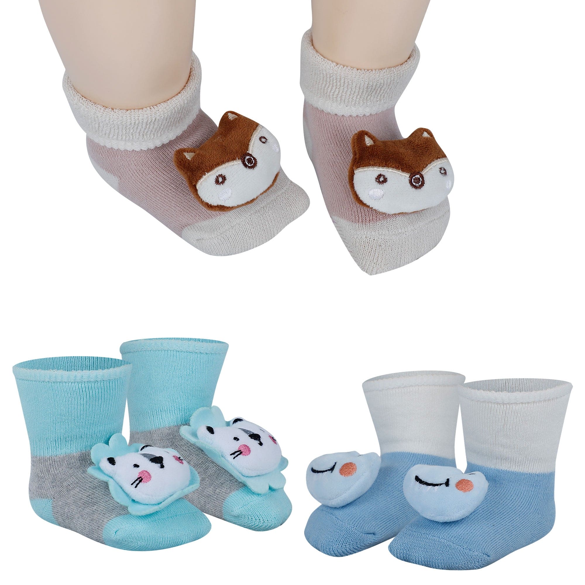 Baby Moo Fox Alligator 3D Rattle Anti-Skid Socks Booties Pack of 3 - Blue