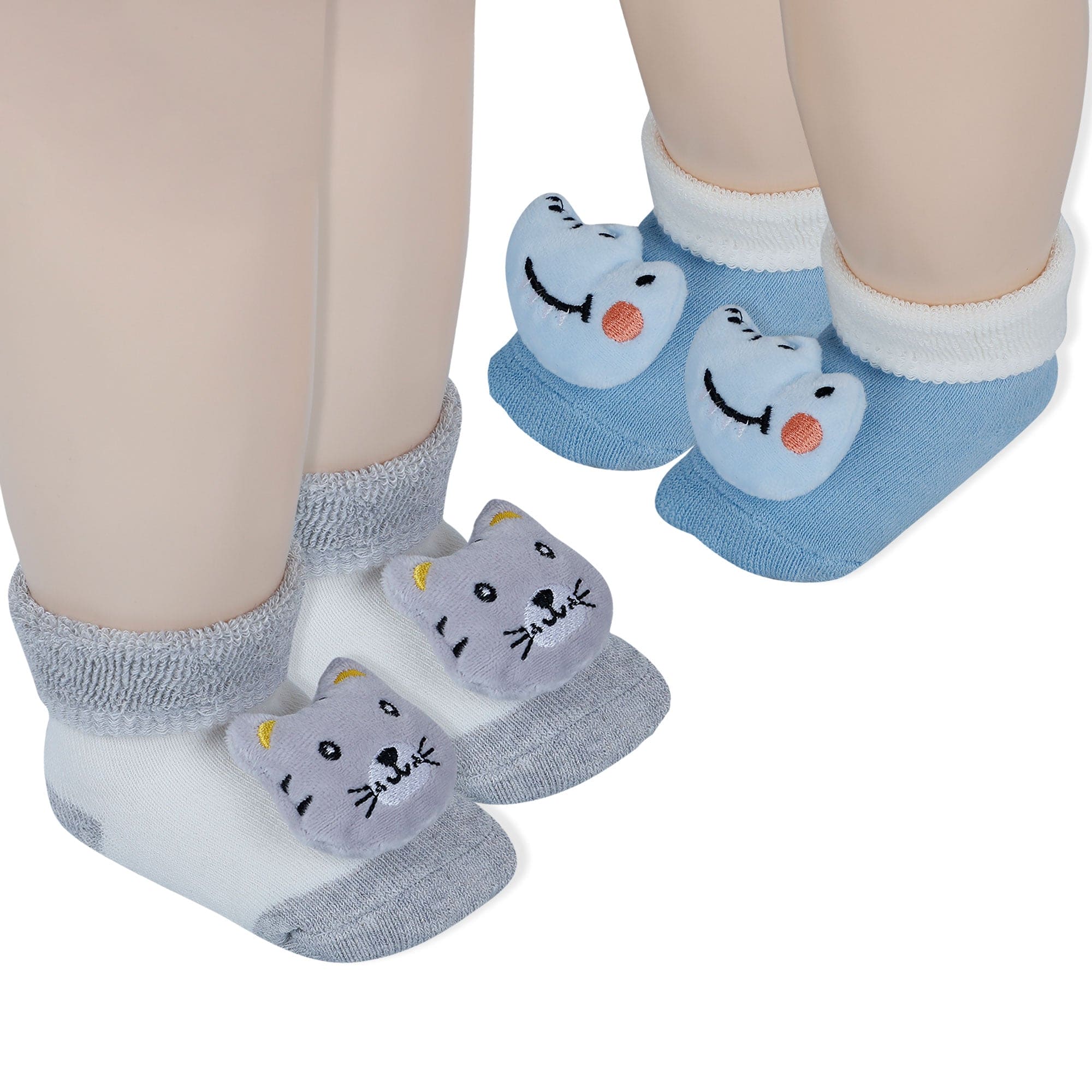 Baby Moo Tiger And Alligator 3D Rattle Anti-Skid Socks Booties Pack of 2 - Grey, Blue