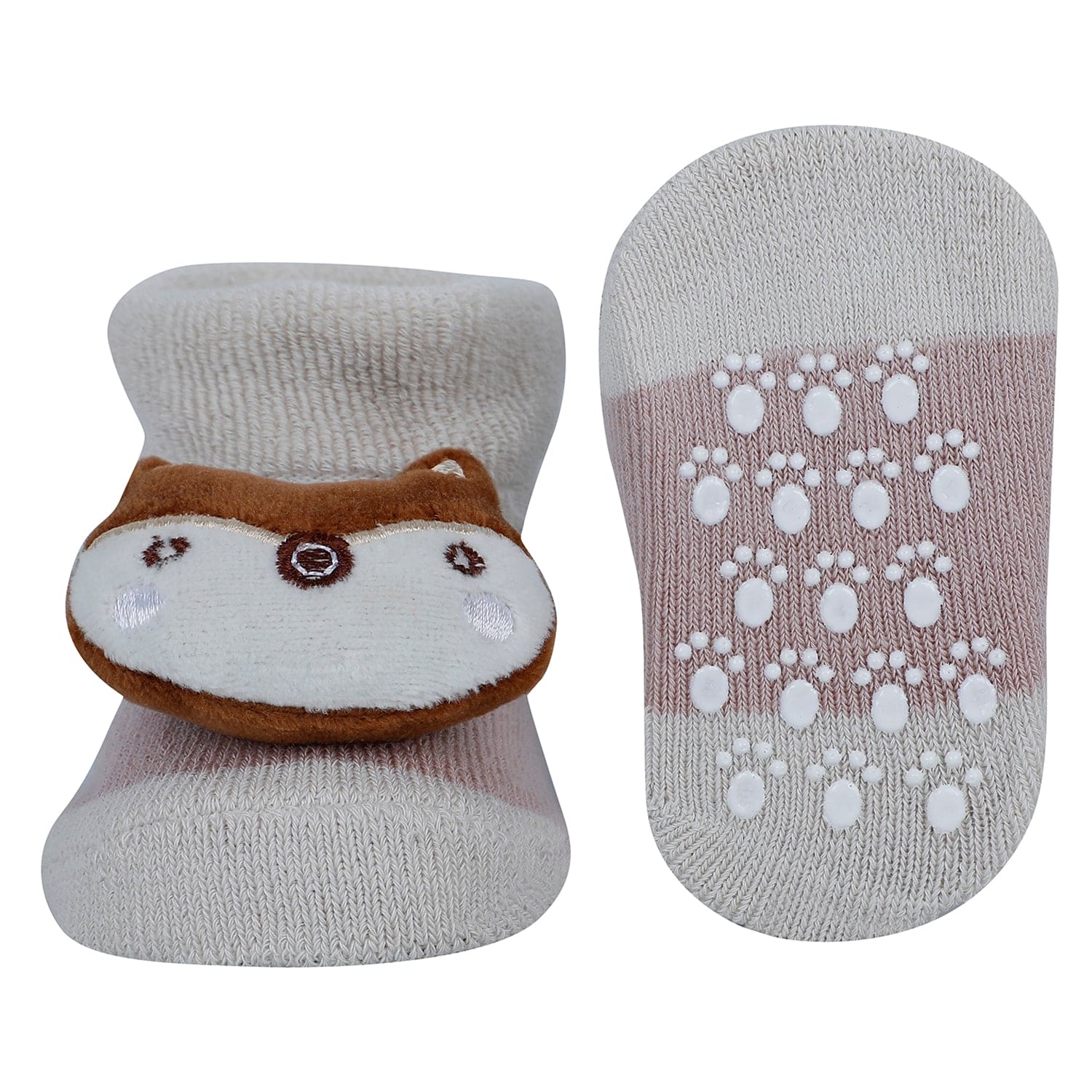 Baby Moo Fox And Bear 3D Rattle Anti-Skid Socks Booties Pack of 2 - Beige, Green