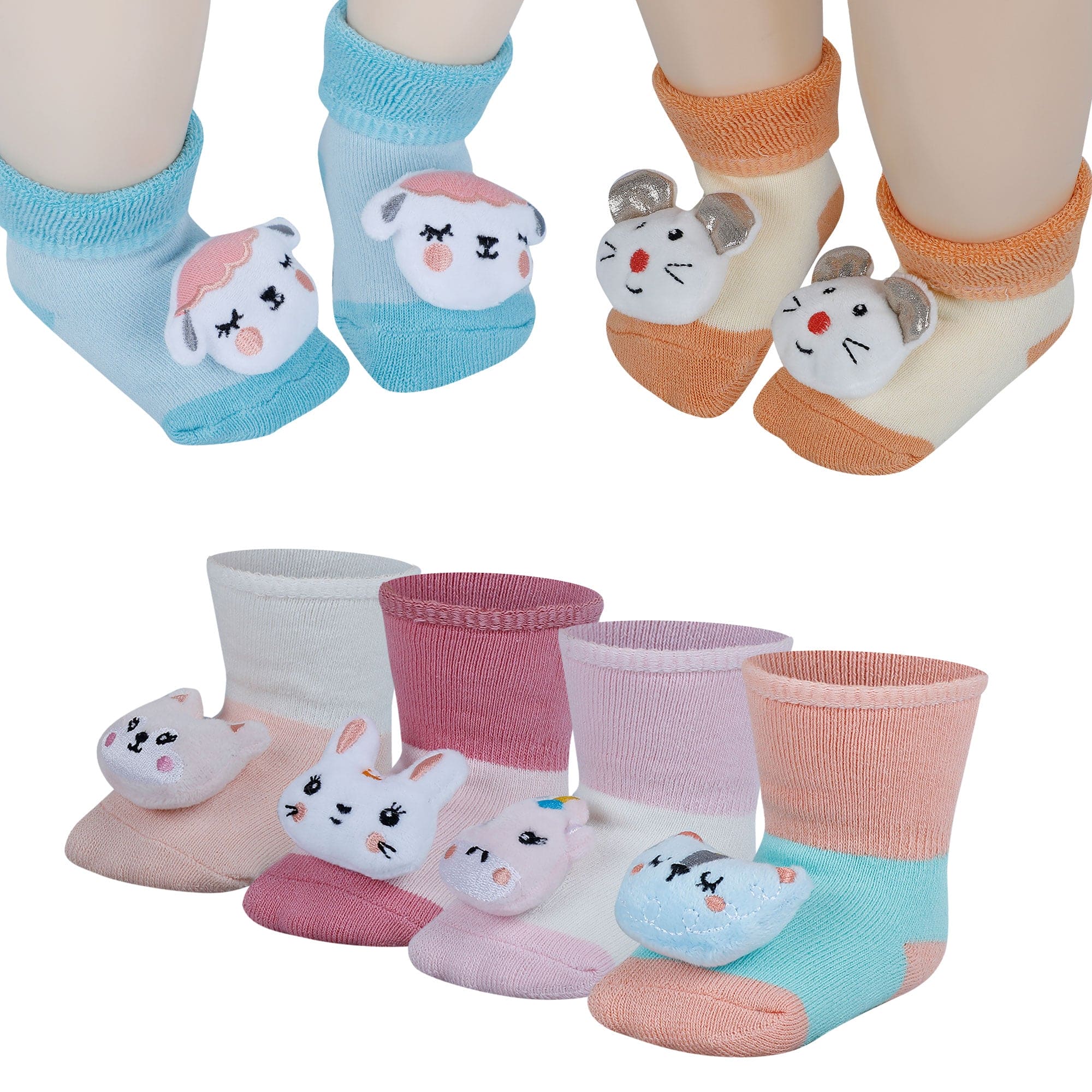 Baby Moo Cute Animals 3D Rattle Anti-Skid Socks Booties Pack of 6 - Pink