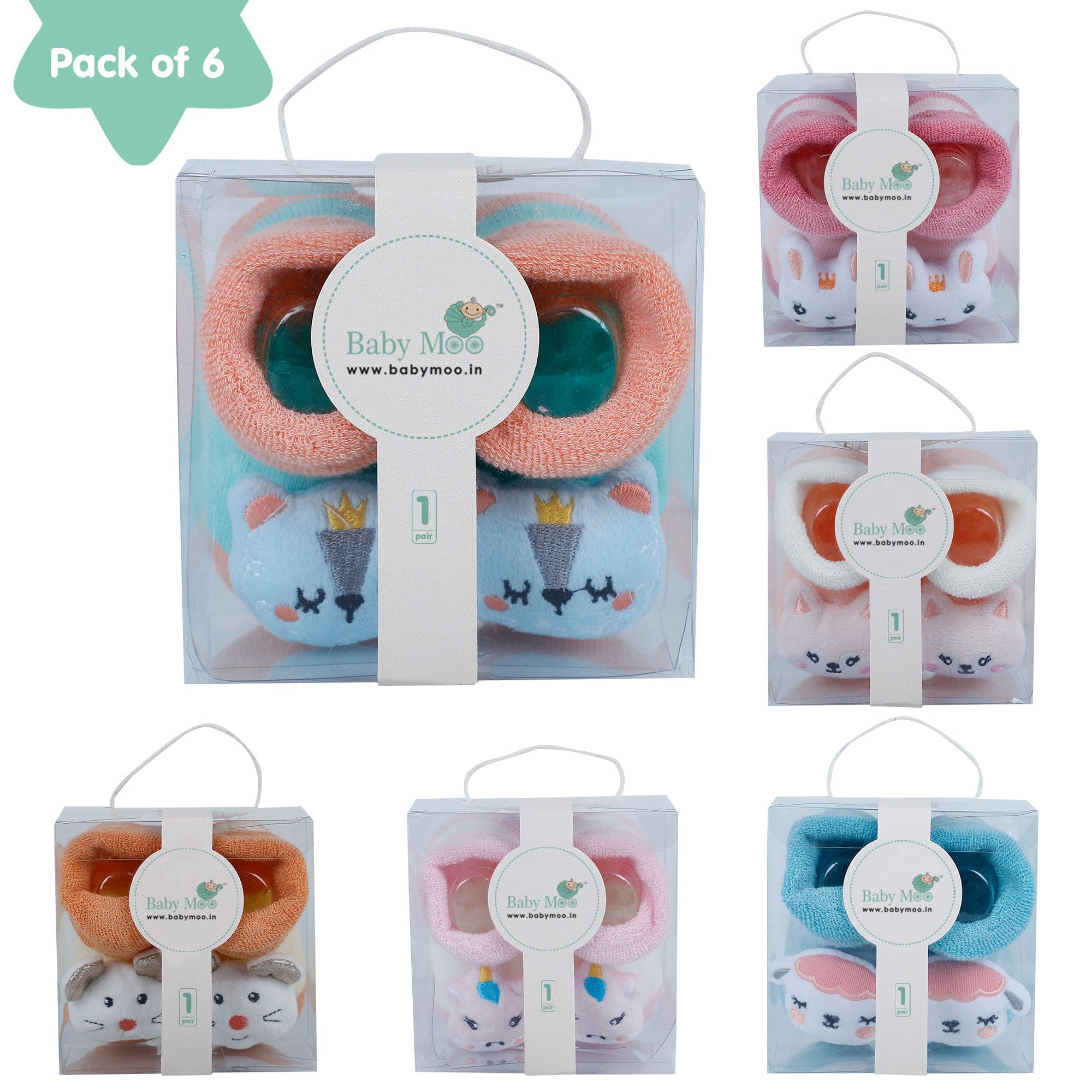 Baby Moo Cute Animals 3D Rattle Anti-Skid Socks Booties Pack of 6 - Pink