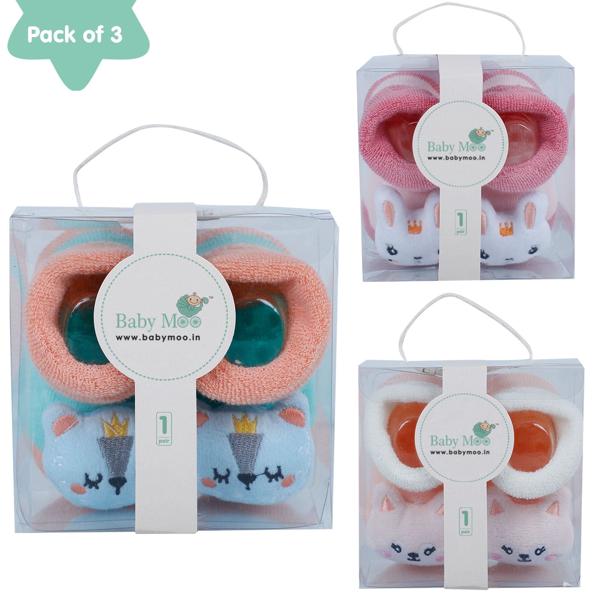 Baby Moo Bunny 3D Rattle Anti-Skid Socks Booties Pack of 3 - Peach