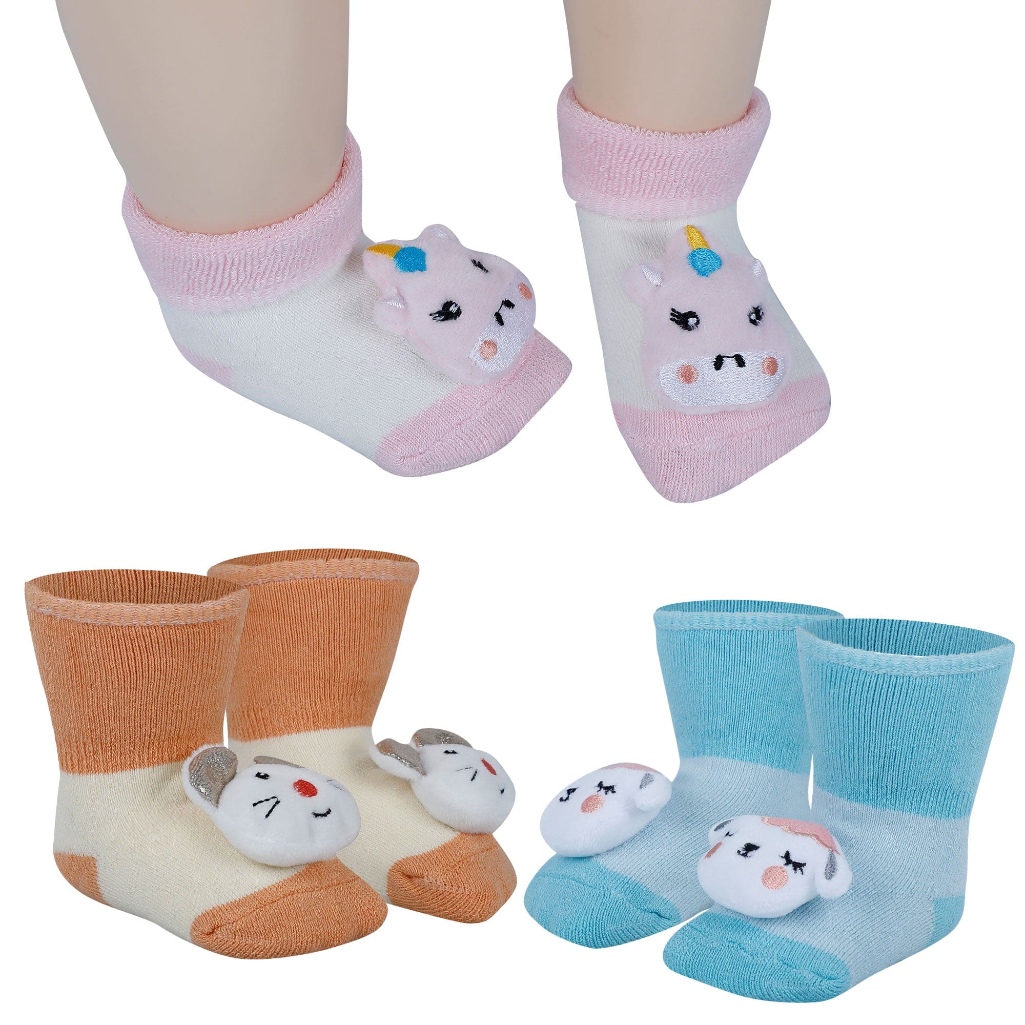 Baby Moo Cow Mouse Unicorn 3D Rattle Anti-Skid Socks Booties Pack of 3 - Pink, Orange