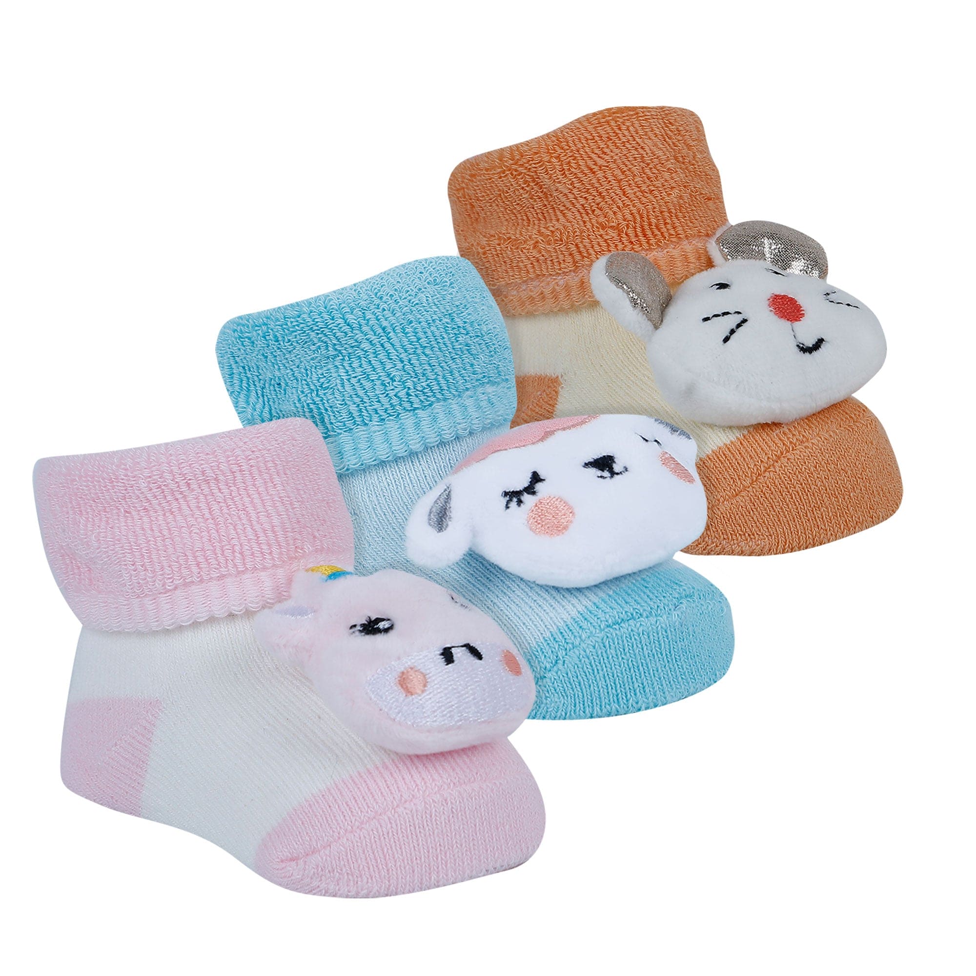 Baby Moo Cow Mouse Unicorn 3D Rattle Anti-Skid Socks Booties Pack of 3 - Pink, Orange