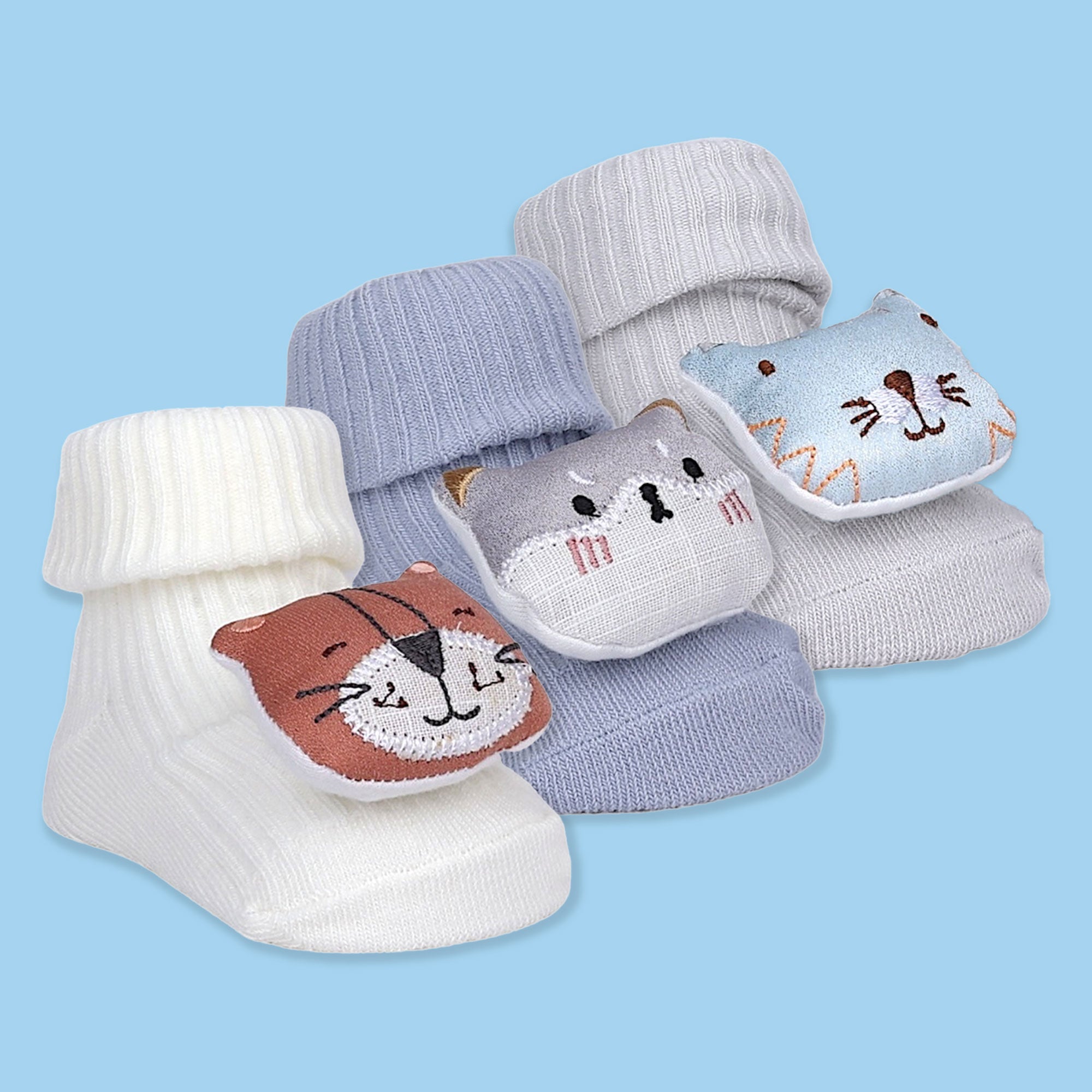 Baby Moo Wild Cats 3D Rattle Anti-Skid Socks Booties Pack of 3 - Grey, Purple