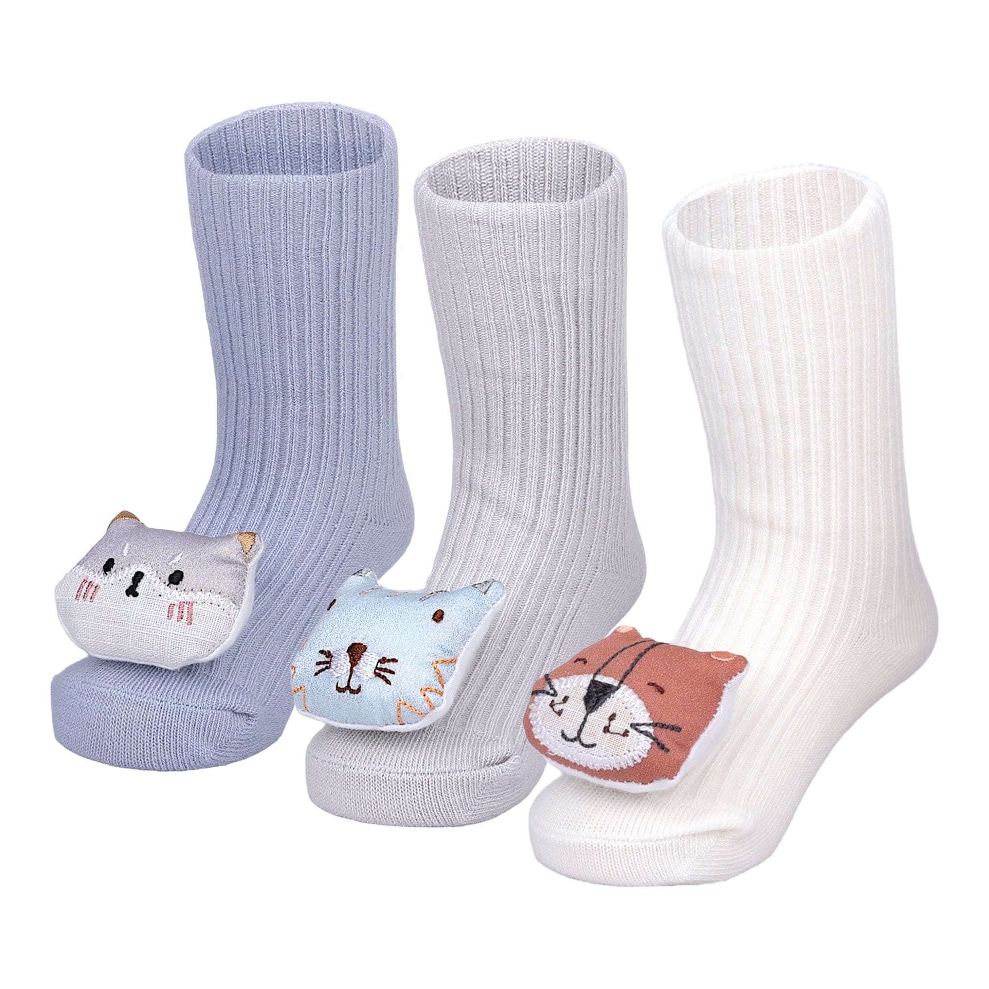 Baby Moo Wild Cats 3D Rattle Anti-Skid Socks Booties Pack of 3 - Grey, Purple