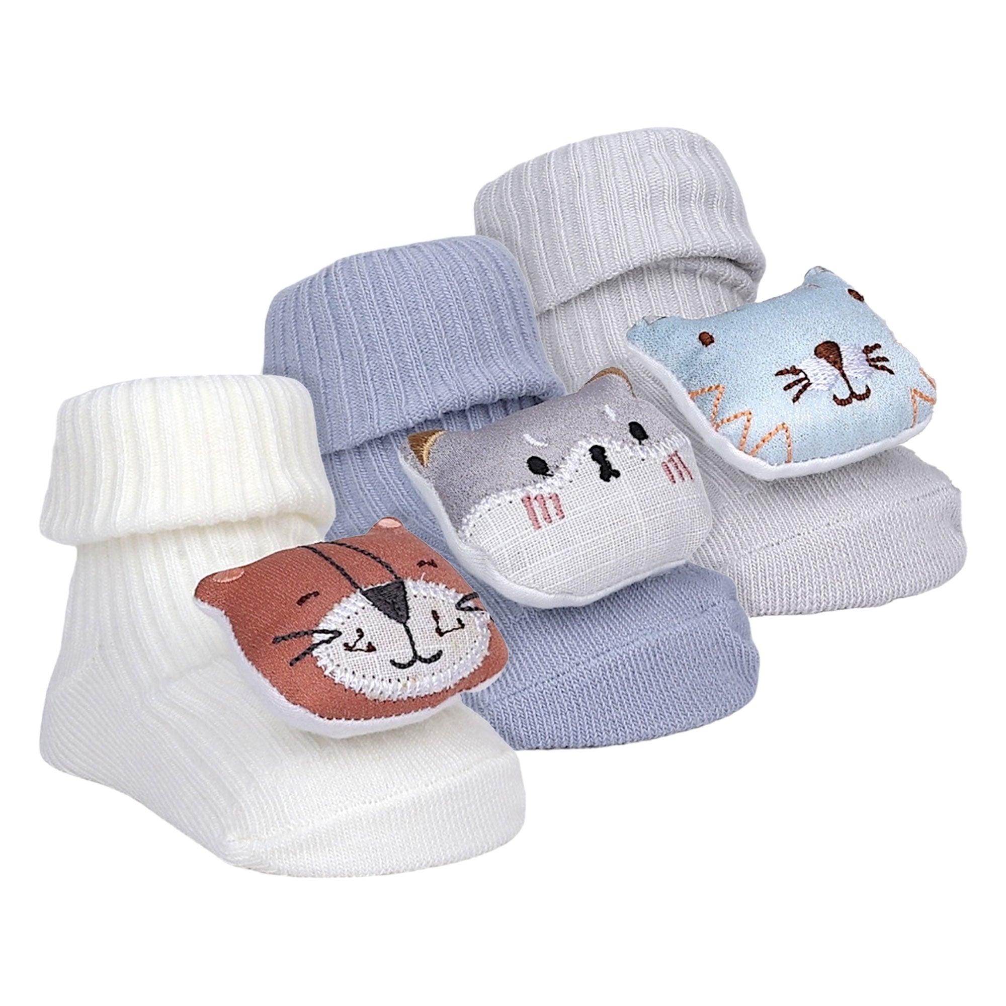 Baby Moo Wild Cats 3D Rattle Anti-Skid Socks Booties Pack of 3 - Grey, Purple