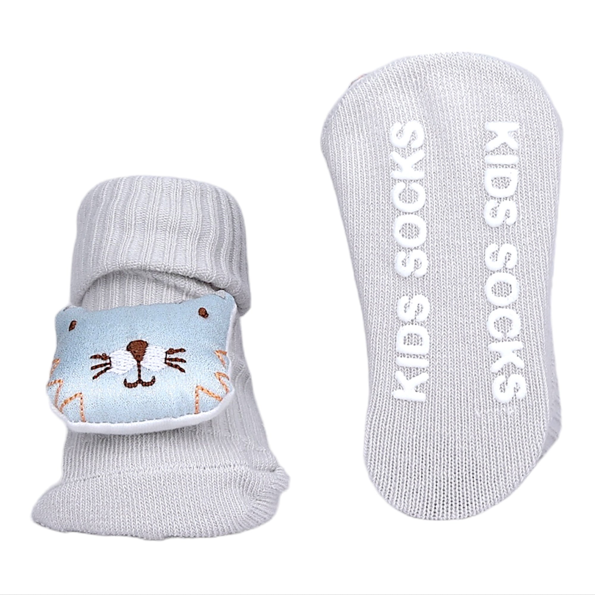 Baby Moo Wild Cats 3D Rattle Anti-Skid Socks Booties Pack of 3 - Grey, Purple