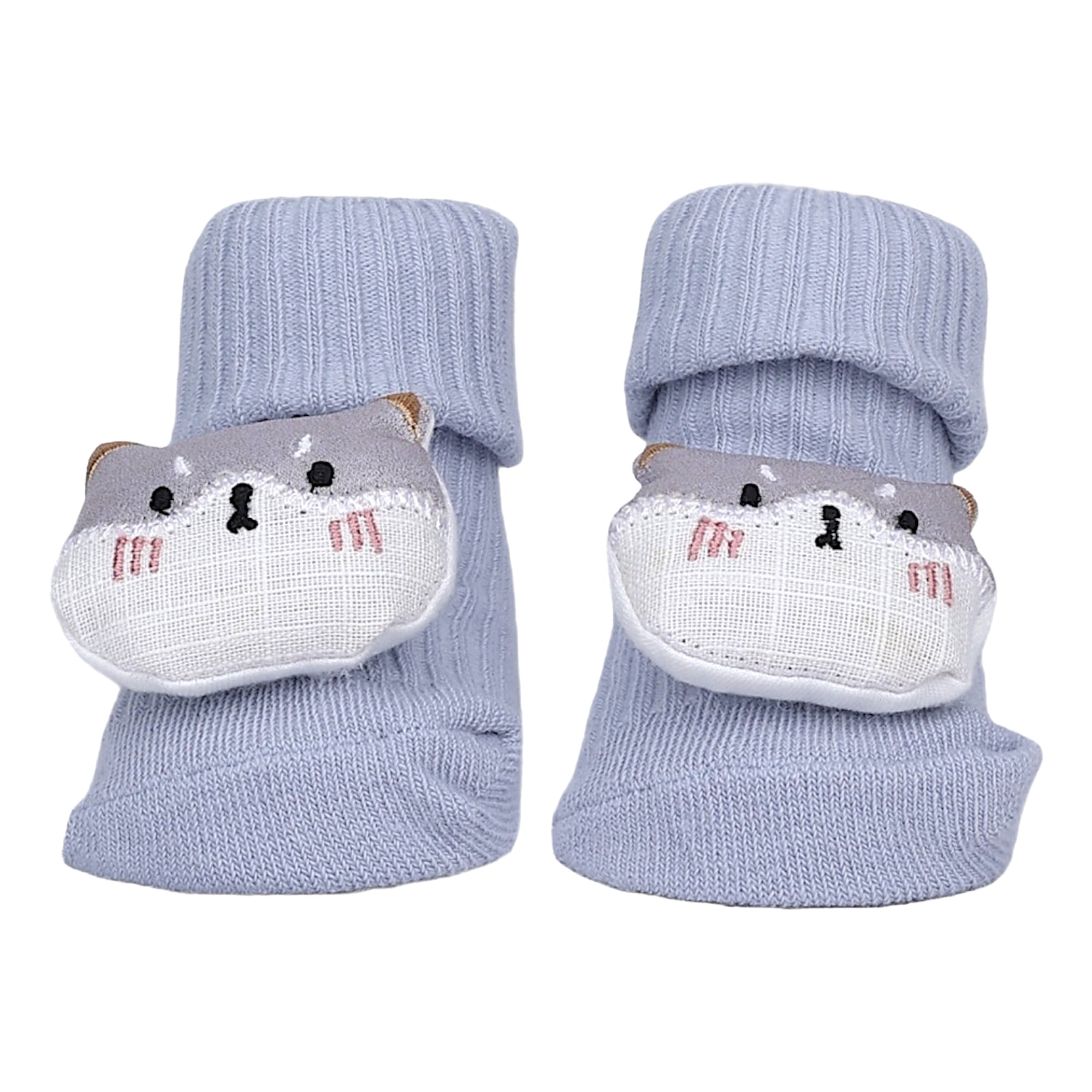 Baby Moo Wild Cats 3D Rattle Anti-Skid Socks Booties Pack of 3 - Grey, Purple