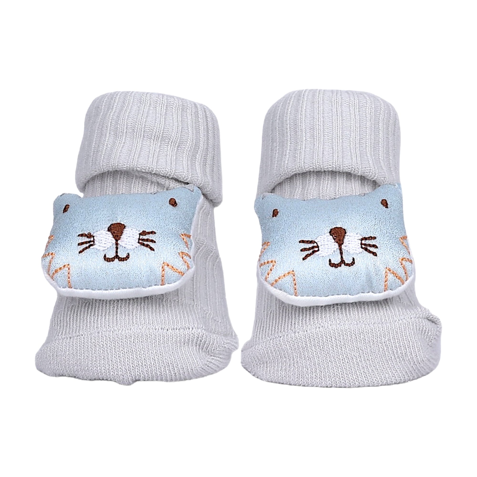 Baby Moo Wild Cats 3D Rattle Anti-Skid Socks Booties Pack of 3 - Grey, Purple