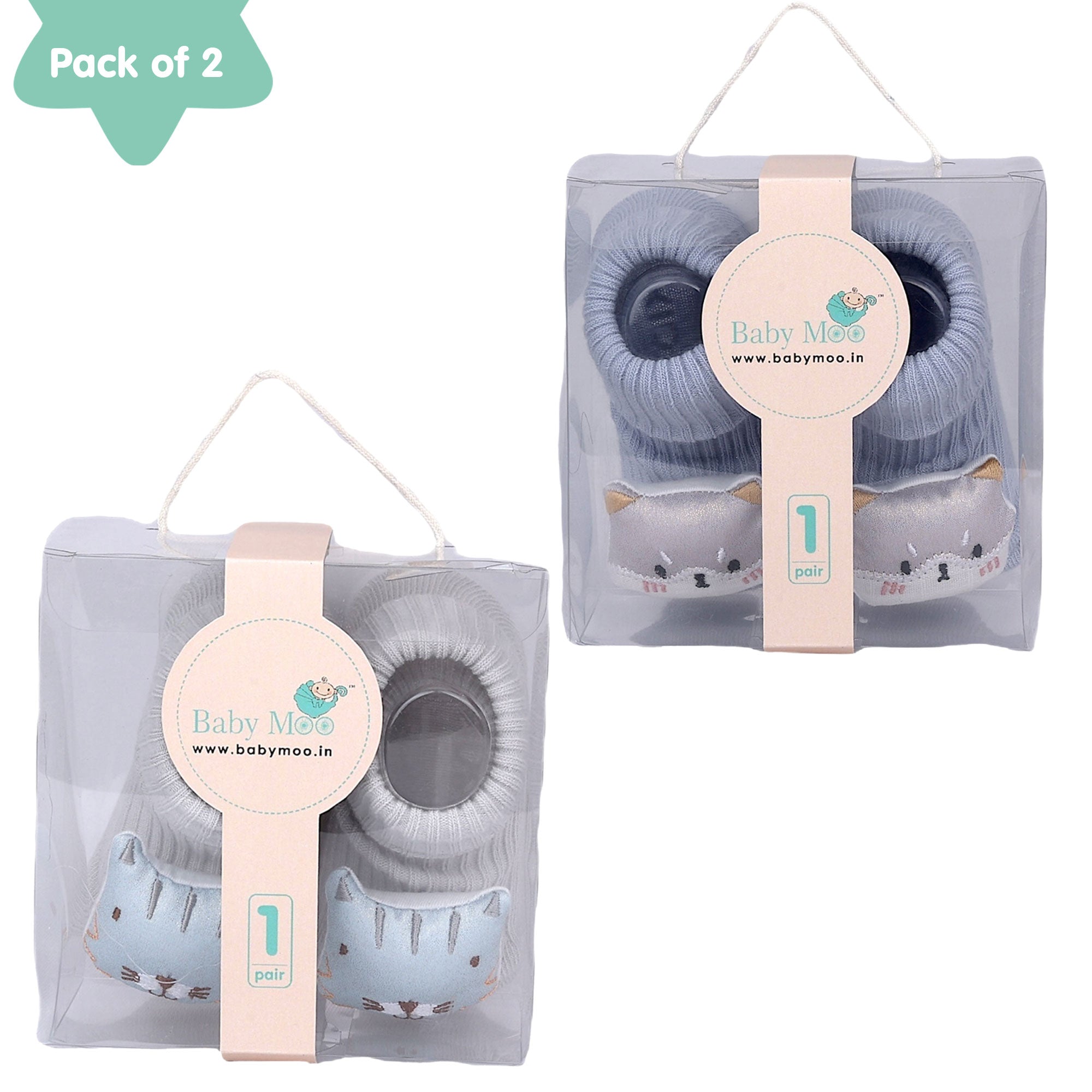 Baby Moo Cat 3D Rattle Anti-Skid Socks Booties Pack of 2 - Blue, Grey