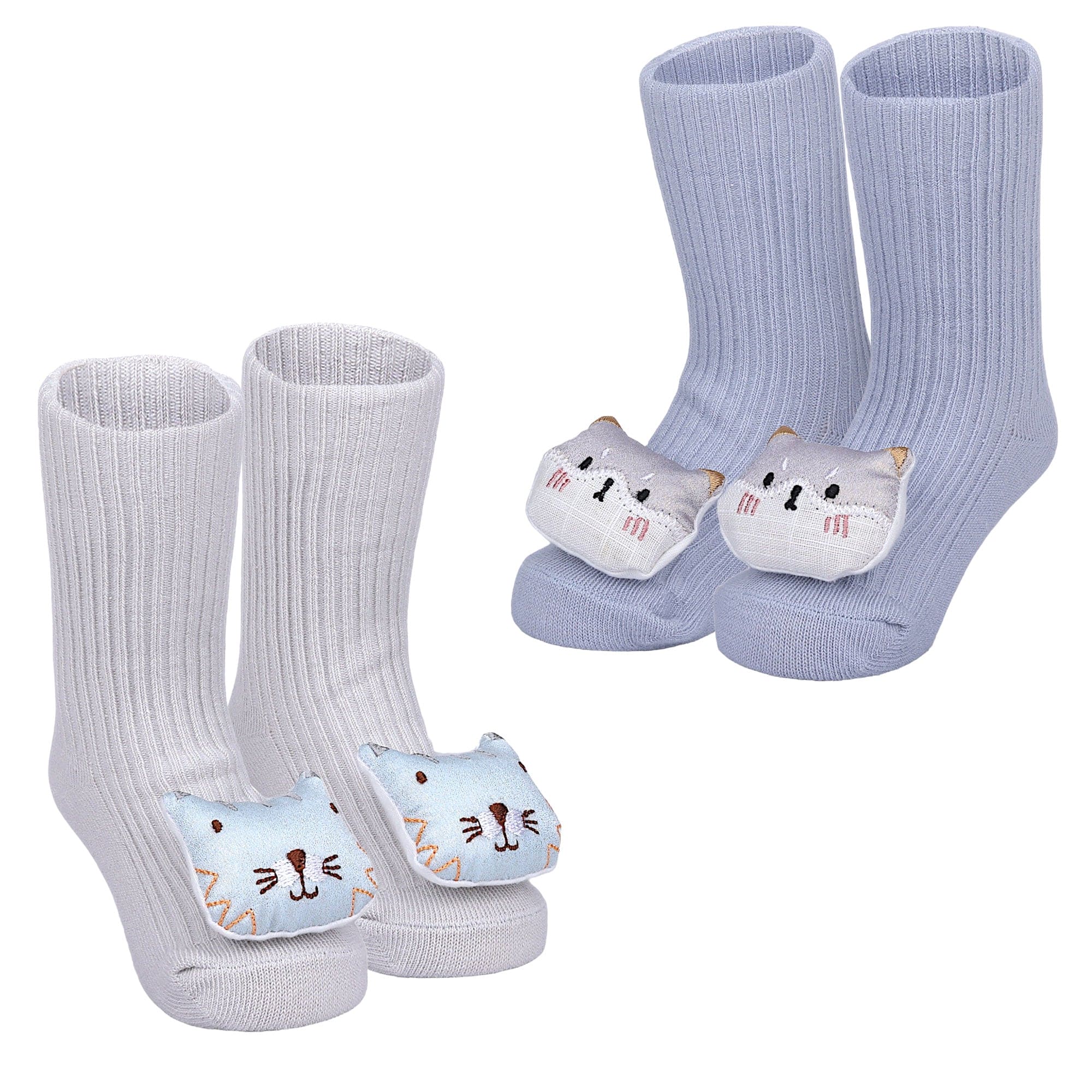 Baby Moo Cat 3D Rattle Anti-Skid Socks Booties Pack of 2 - Blue, Grey