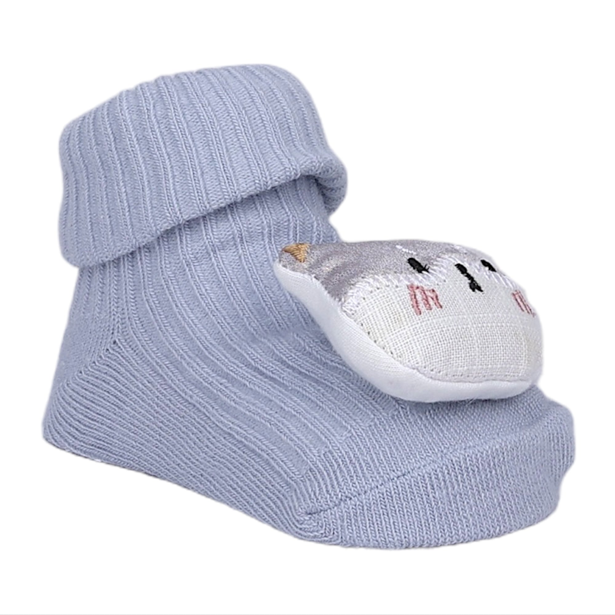 Baby Moo Cat 3D Rattle Anti-Skid Socks Booties Pack of 2 - Blue, Grey