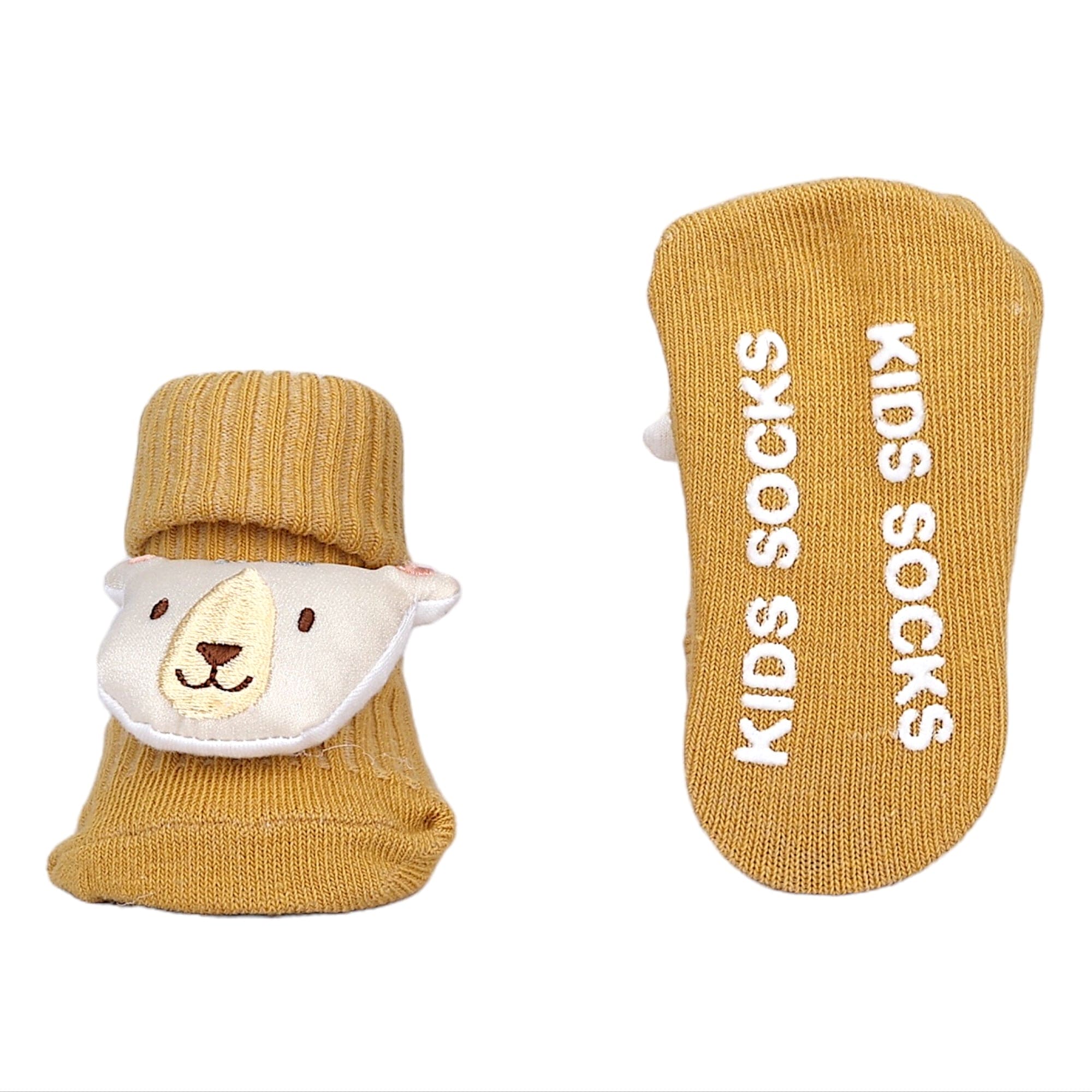 Baby Moo Animal 3D Rattle Anti-Skid Socks Booties Pack of 2 - Mustard, White