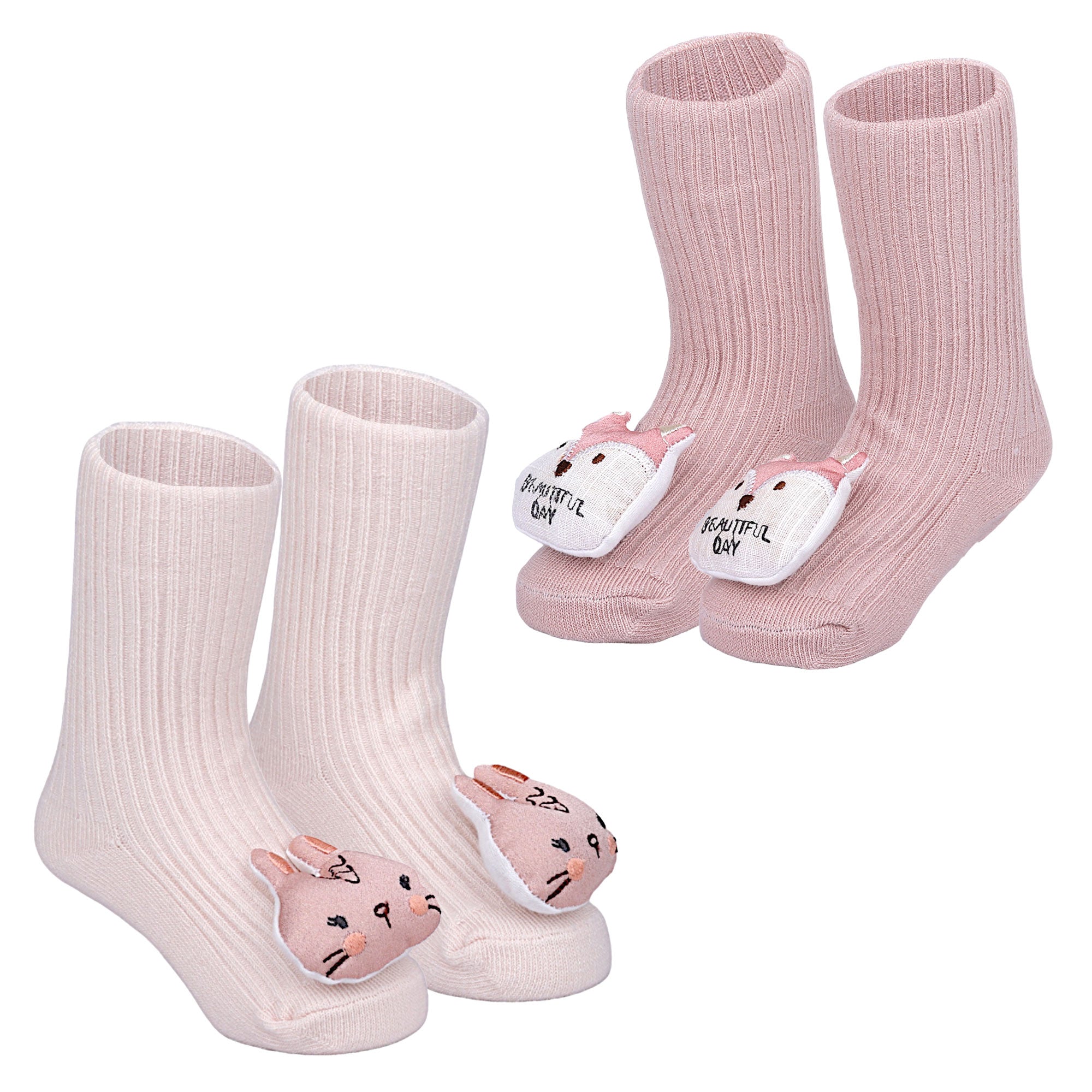 Baby Moo Bunny And Fox 3D Rattle Anti-Skid Socks Booties Pack of 2 - Peach, Rose Gold