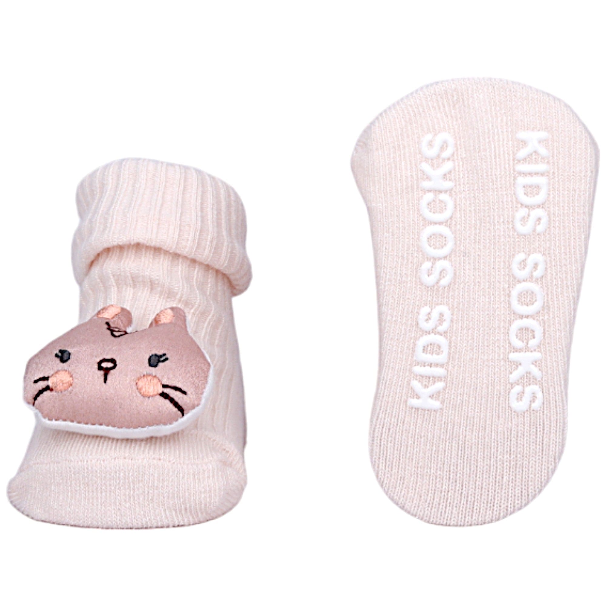 Baby Moo Bunny And Fox 3D Rattle Anti-Skid Socks Booties Pack of 2 - Peach, Rose Gold