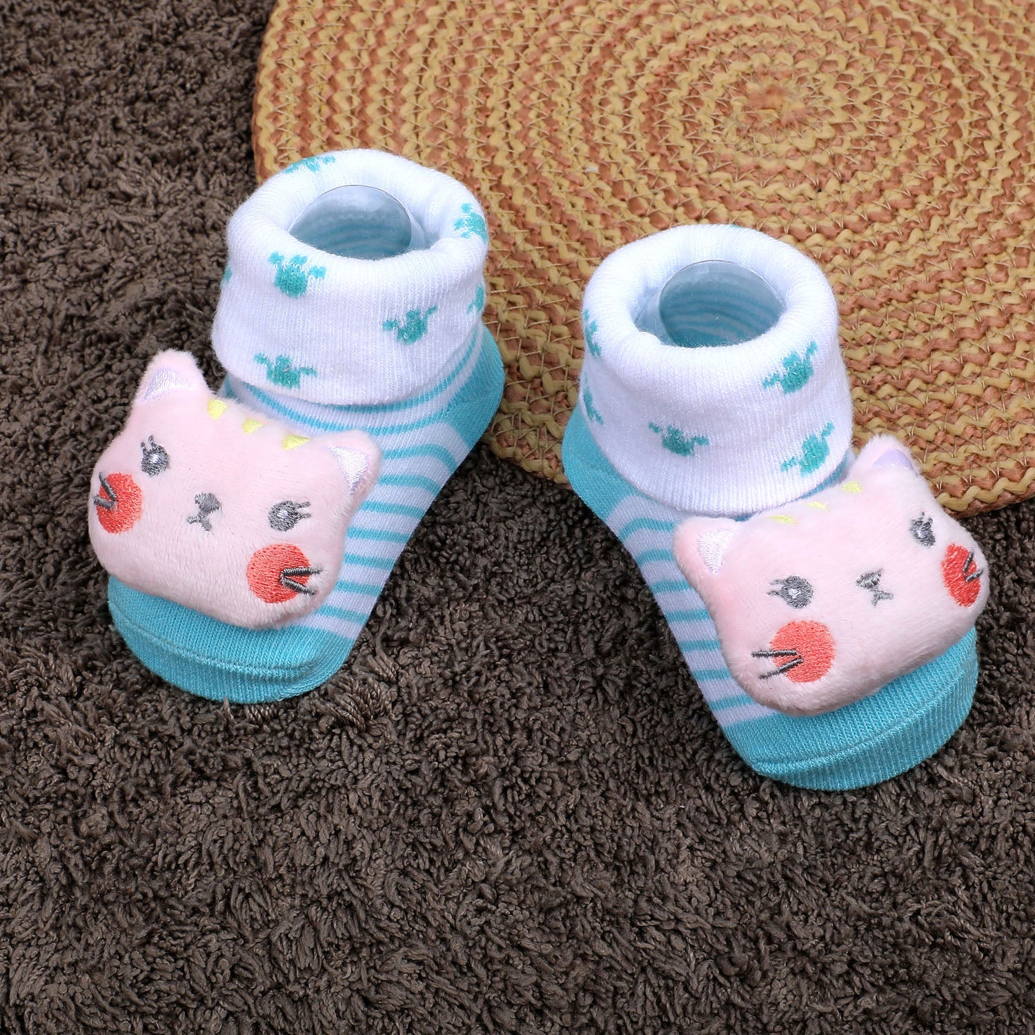 Baby Moo Naughty Cat Cotton Anti-Skid 3D Socks - Blue