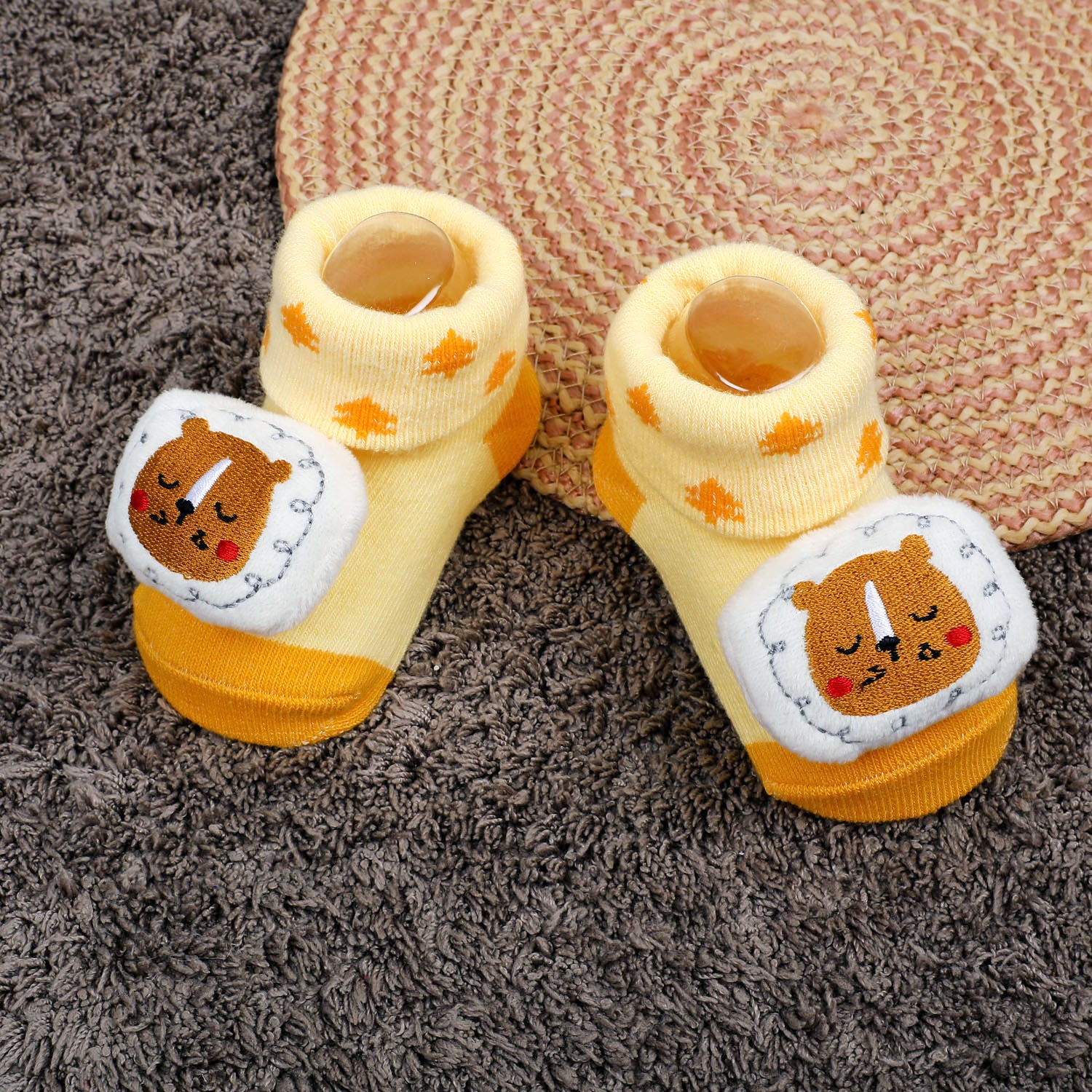 Baby Moo Sleeping Bear Cotton Anti-Skid 3D Socks - Yellow