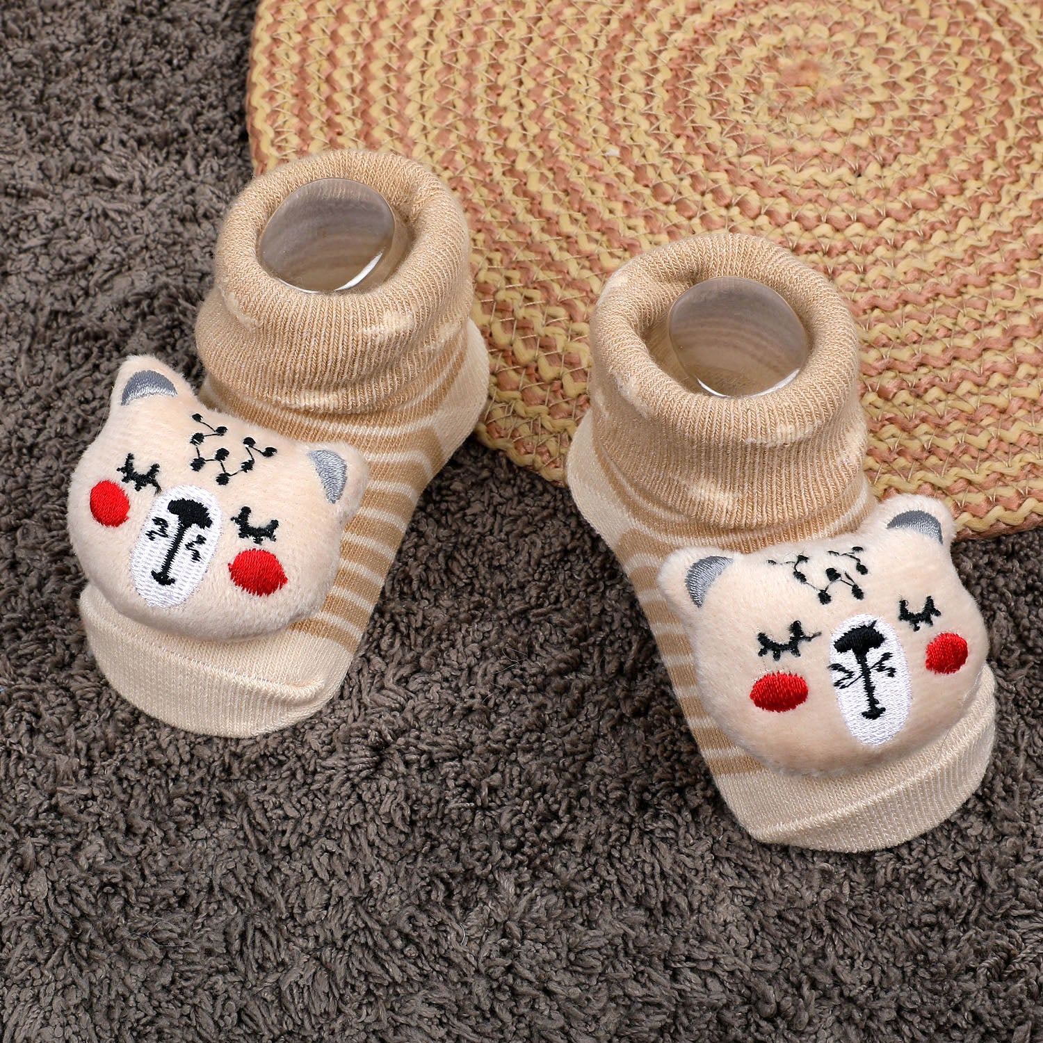 Baby Moo Snoozing Bear Cotton Anti-Skid 3D Socks - Beige - Baby Moo