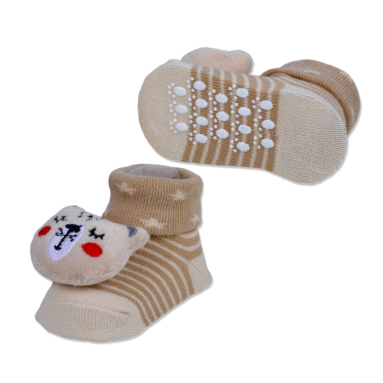 Baby Moo Snoozing Bear Cotton Anti-Skid 3D Socks - Beige - Baby Moo