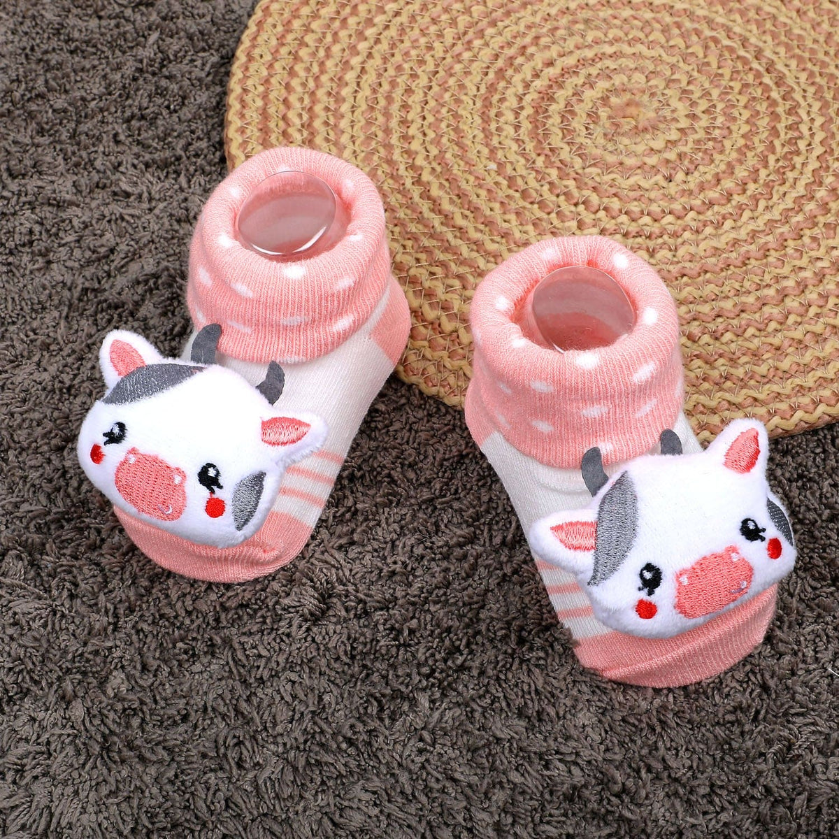 Baby Moo Fluffy Elephant Cotton Anti-Skid 3D Socks - Peach