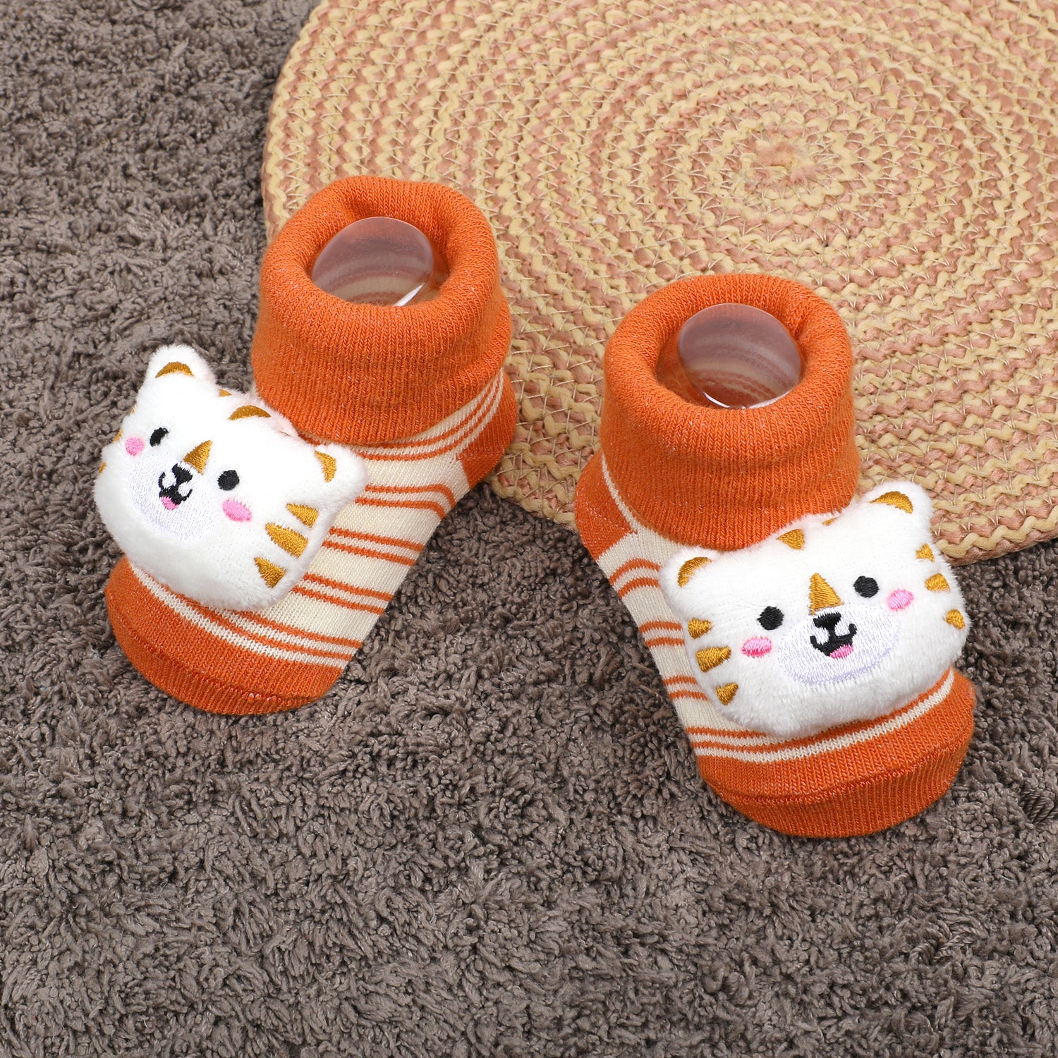 Baby Moo Tiger Cotton Anti-Skid 3D Socks - Orange