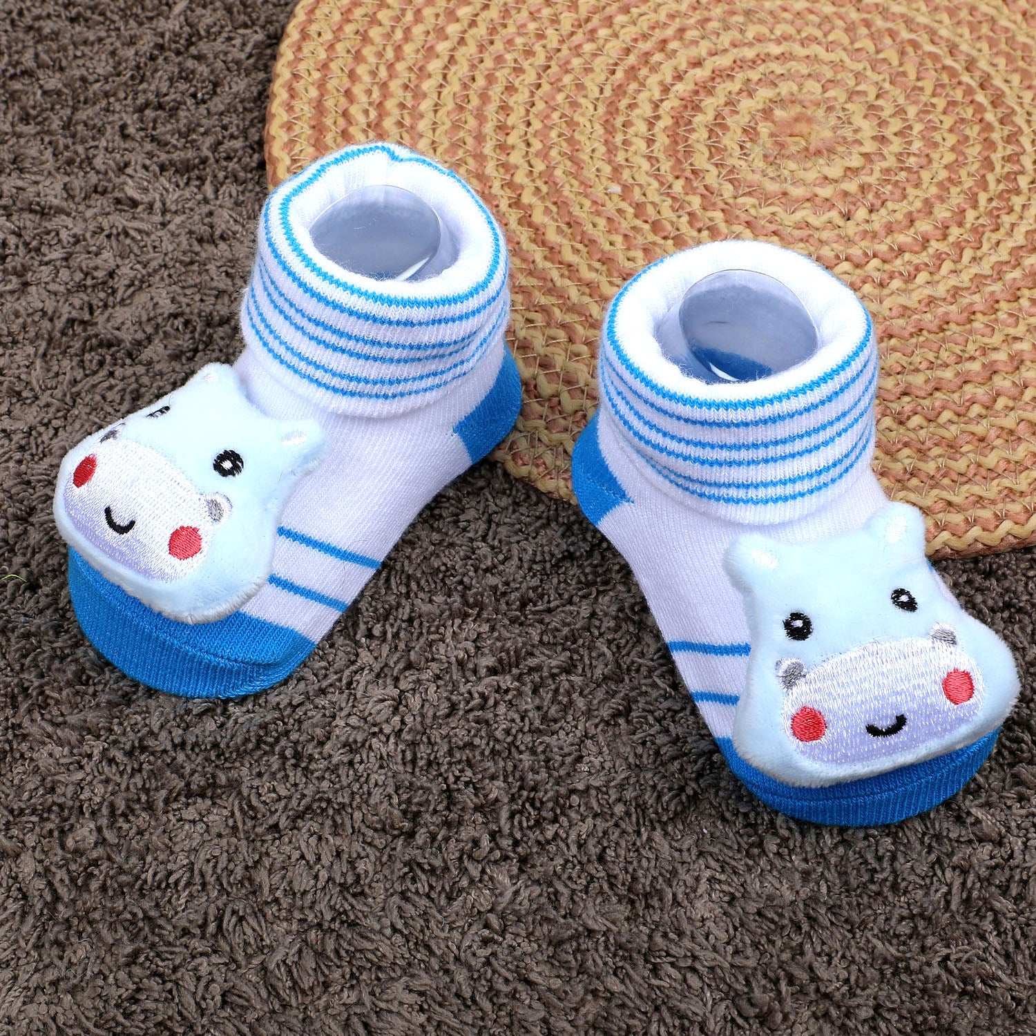 Baby Moo Little Hippo Cotton Anti-Skid 3D Socks - White - Baby Moo