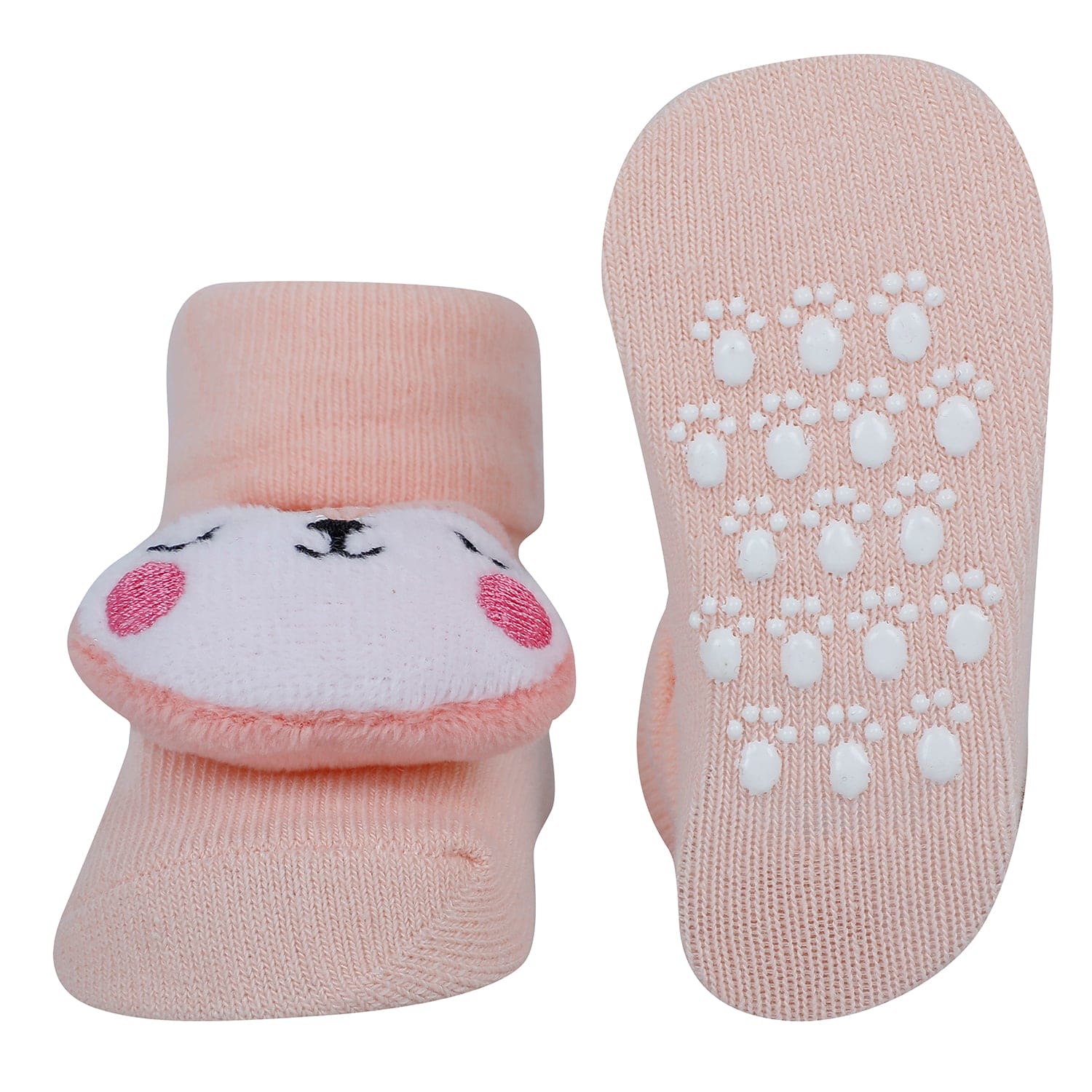 Baby Moo Animal 3D Rattle Anti-Skid Socks Booties Pack of 2 - Blue, Peach