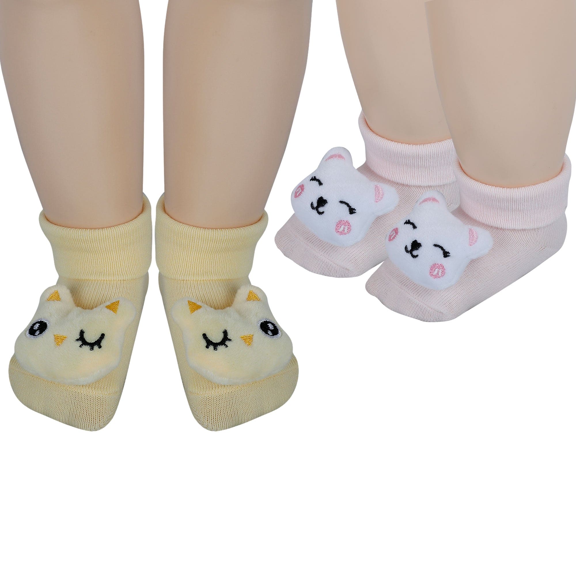 Baby Moo Bird And Puppy 3D Rattle Anti-Skid Socks Booties Pack of 2 - Yellow, Pink