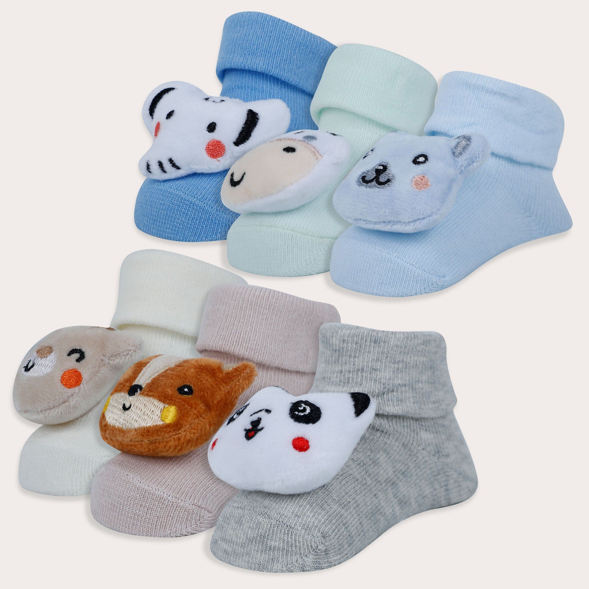 Baby Moo Animal 3D Rattle Anti-Skid Socks Booties Pack of 6 - Blue