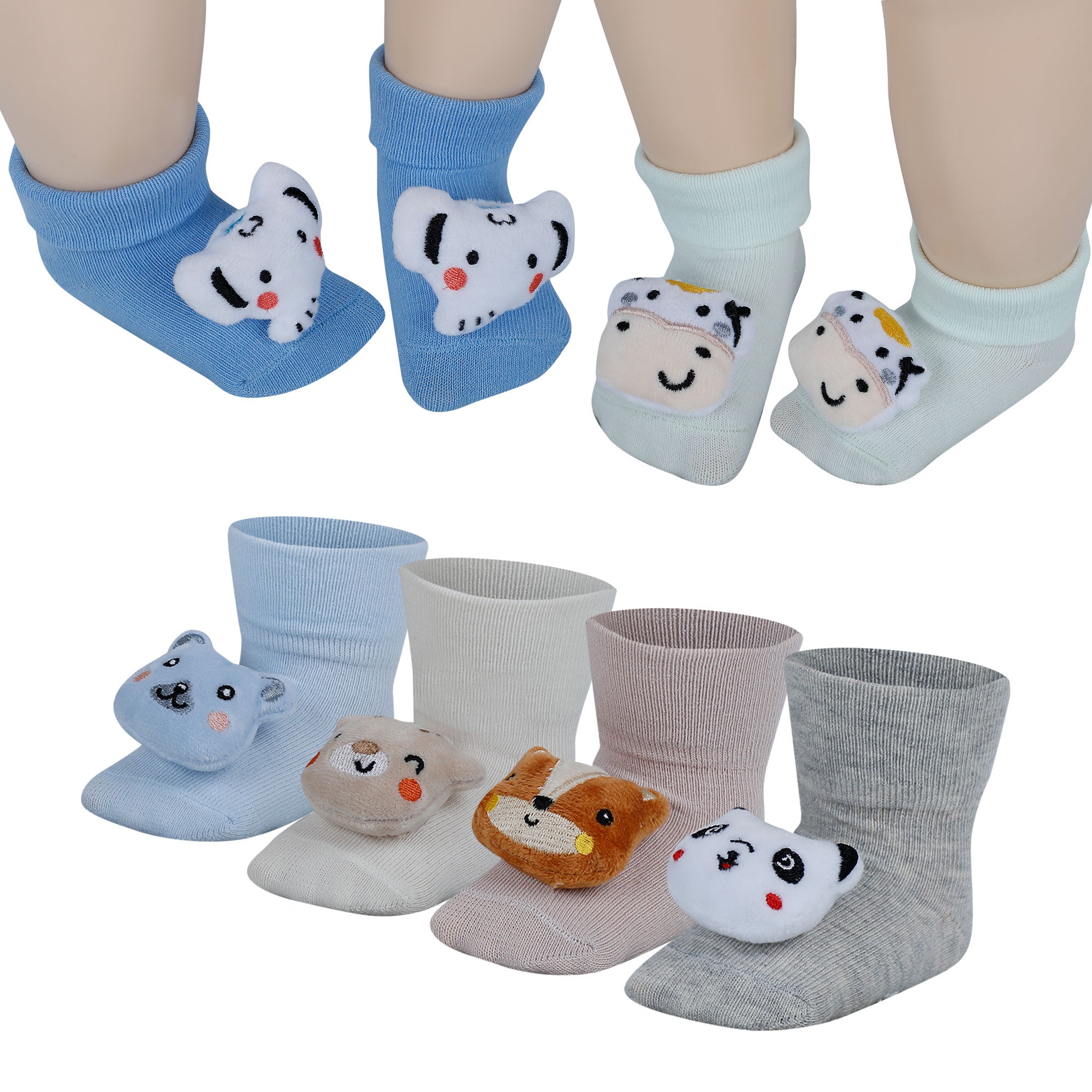 Baby Moo Animal 3D Rattle Anti-Skid Socks Booties Pack of 6 - Blue