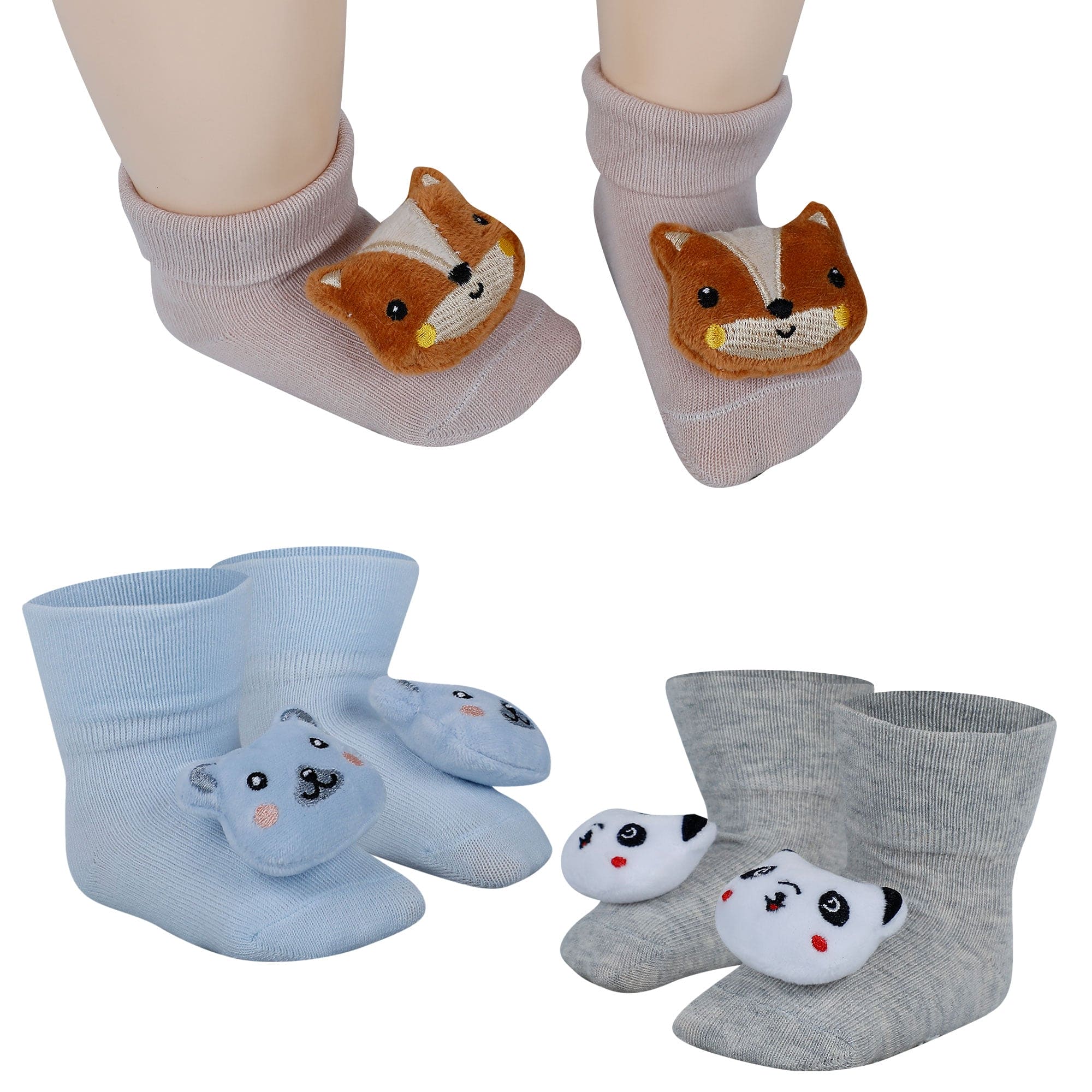 Baby Moo Panda Bear Fox 3D Rattle Anti-Skid Socks Booties Pack of 3 - Multicolour