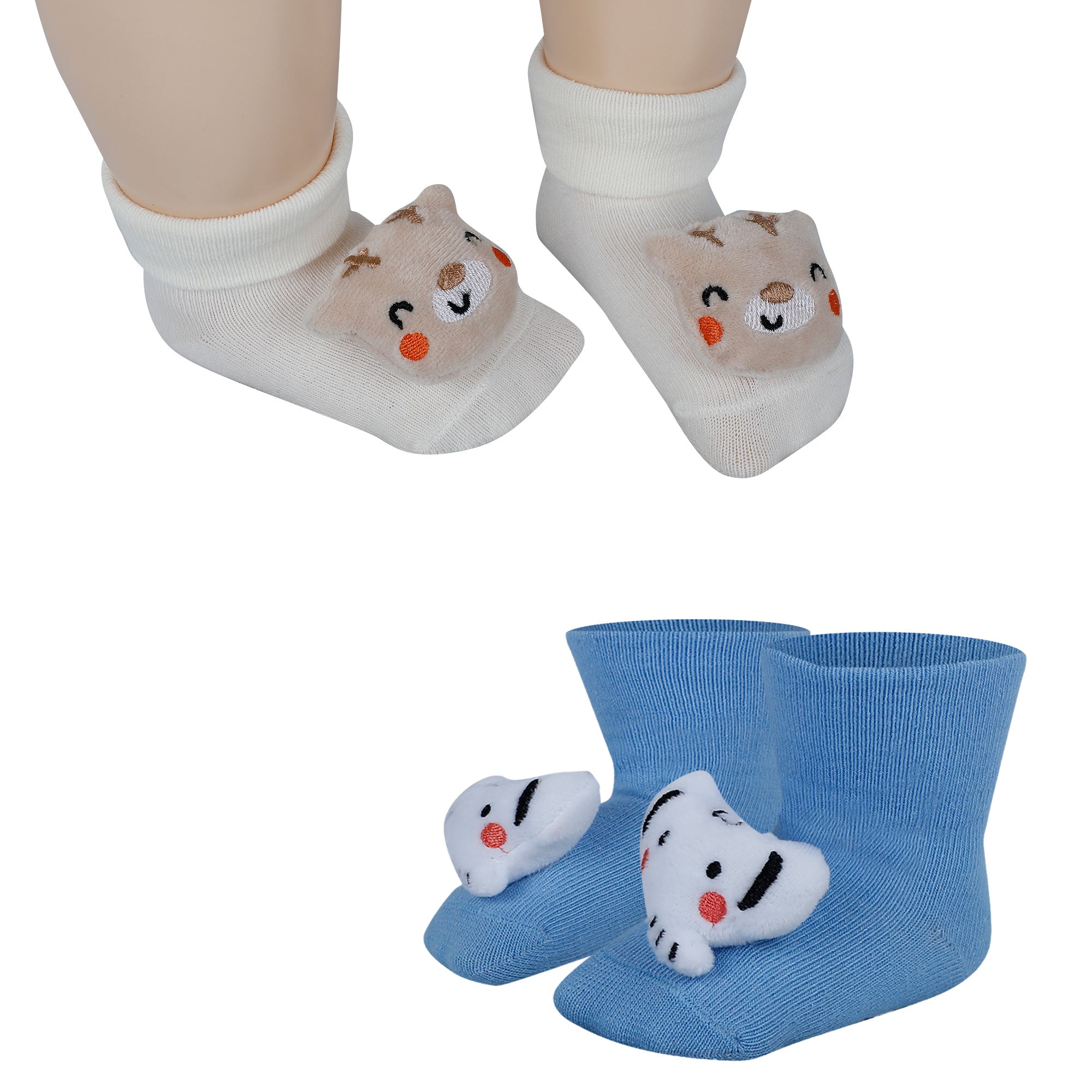 Baby Moo Elephant 3D Rattle Anti-Skid Socks Booties Pack of 2 - Blue, White